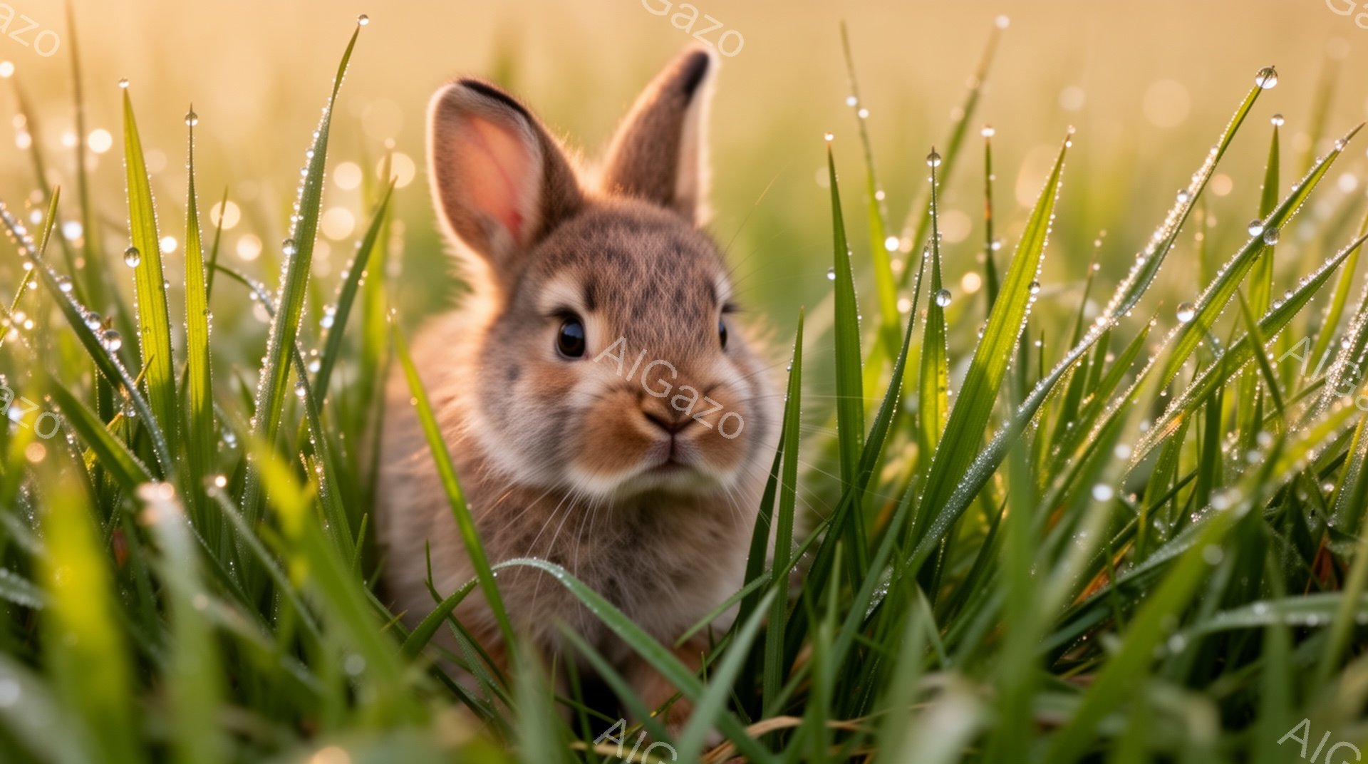 緑色の草の中に、小さな茶色のウサギが座っています。朝露が葉に付いてキラキラと輝き、柔らかい光がウサギを照らしています。可愛らしい表情で、自然の中でリラックスした様子が伝わってきます。 - AI生成フリー素材