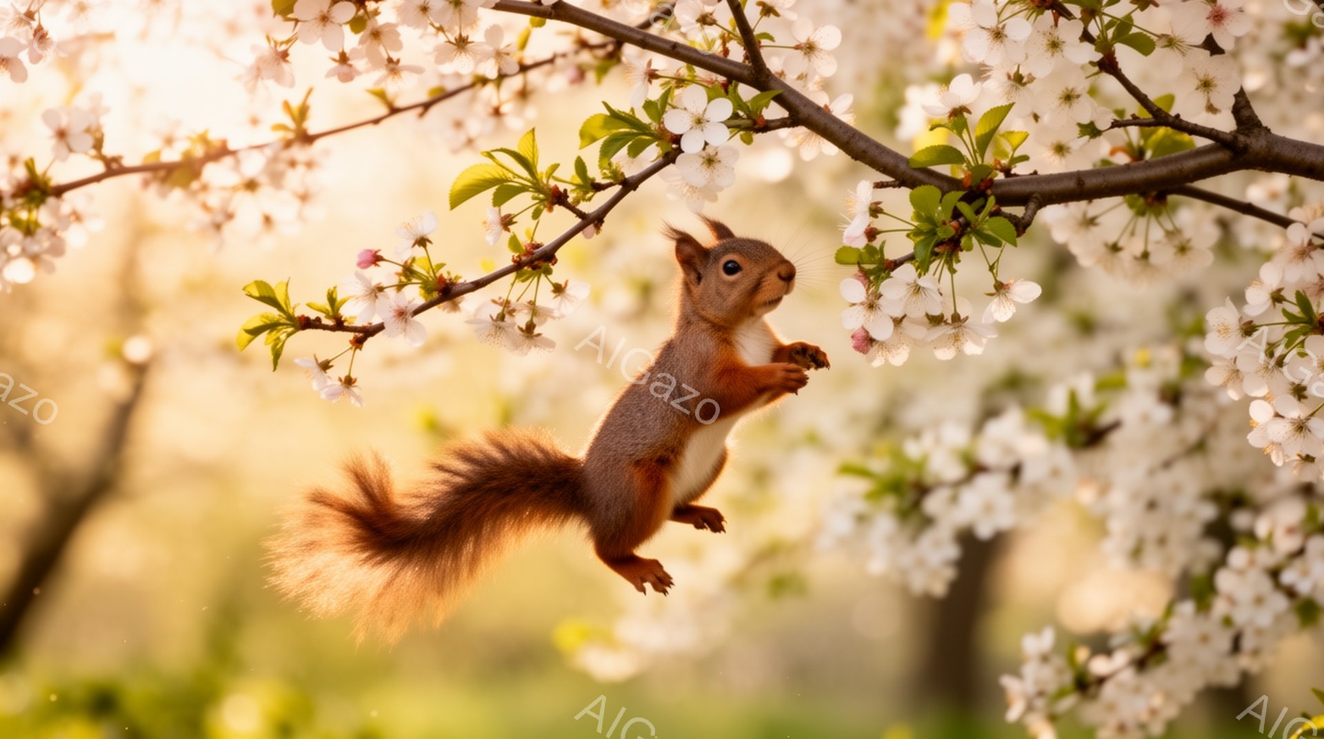 鮮やかな日差しの中、桜の枝に佇む赤毛のリスが写っている。リスは両前足で枝につかまり、ふわふわとした尻尾を広げている。背景は桜の花で満たされ、春の穏やかで明るい雰囲気を醸し出している。 - AI生成フリー素材