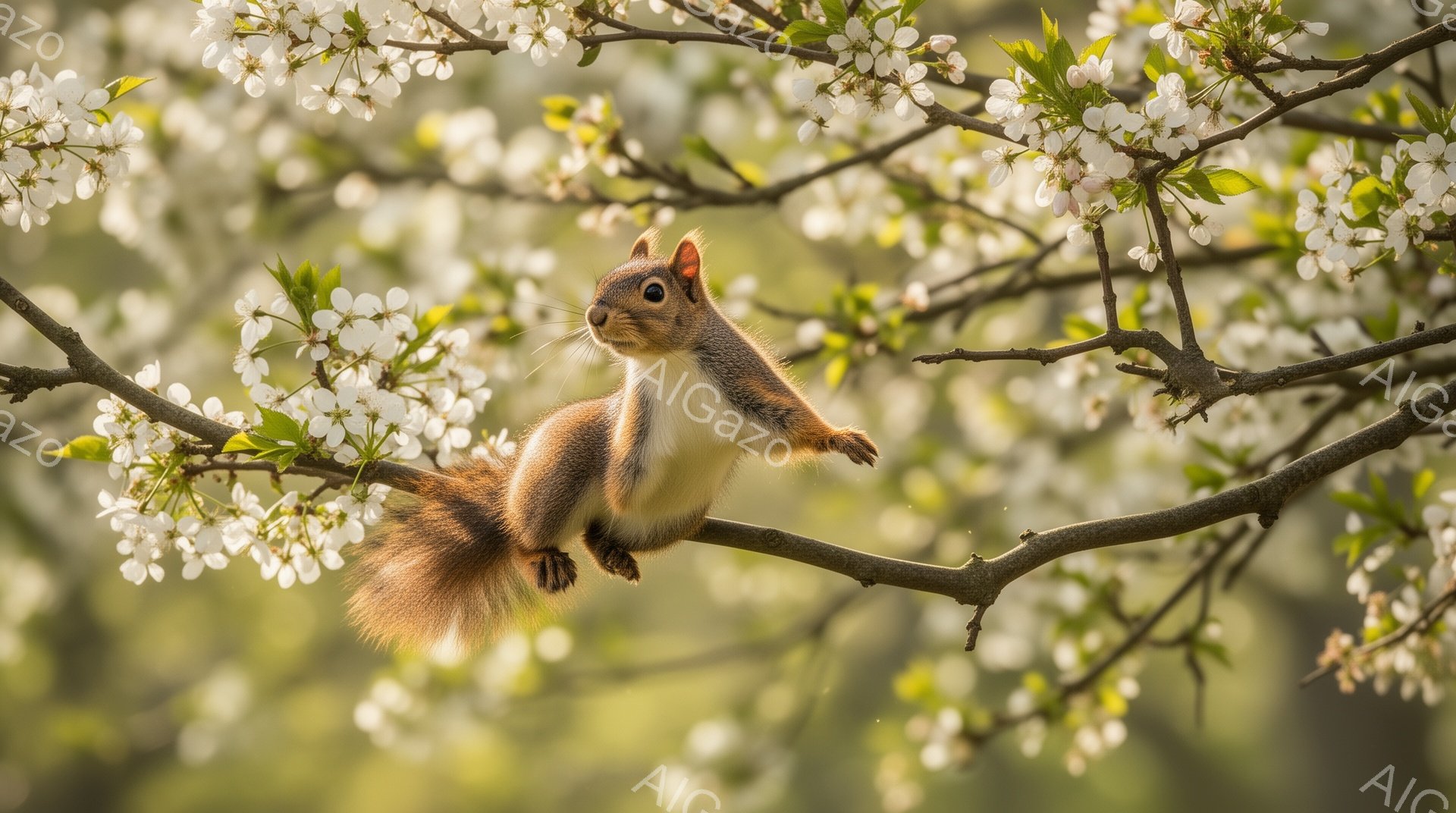 リスが桜の枝にとまってこちらを見ています。毛並みが美しく、ふわふわの尻尾が印象的です。背景には淡い色の桜の花が咲き乱れ、春の穏やかな雰囲気を醸し出しています。 - AI生成フリー素材