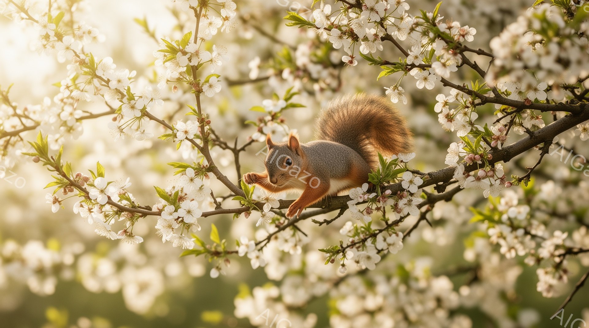 桜の木の枝にとまっているリスが描かれています。そのリスは毛並みが美しく、何かを食べている様子が伺えます。背景には、ぼやけた桜の花が咲き乱れ、春の穏やかな雰囲気を醸し出しています。 - AI生成フリー素材