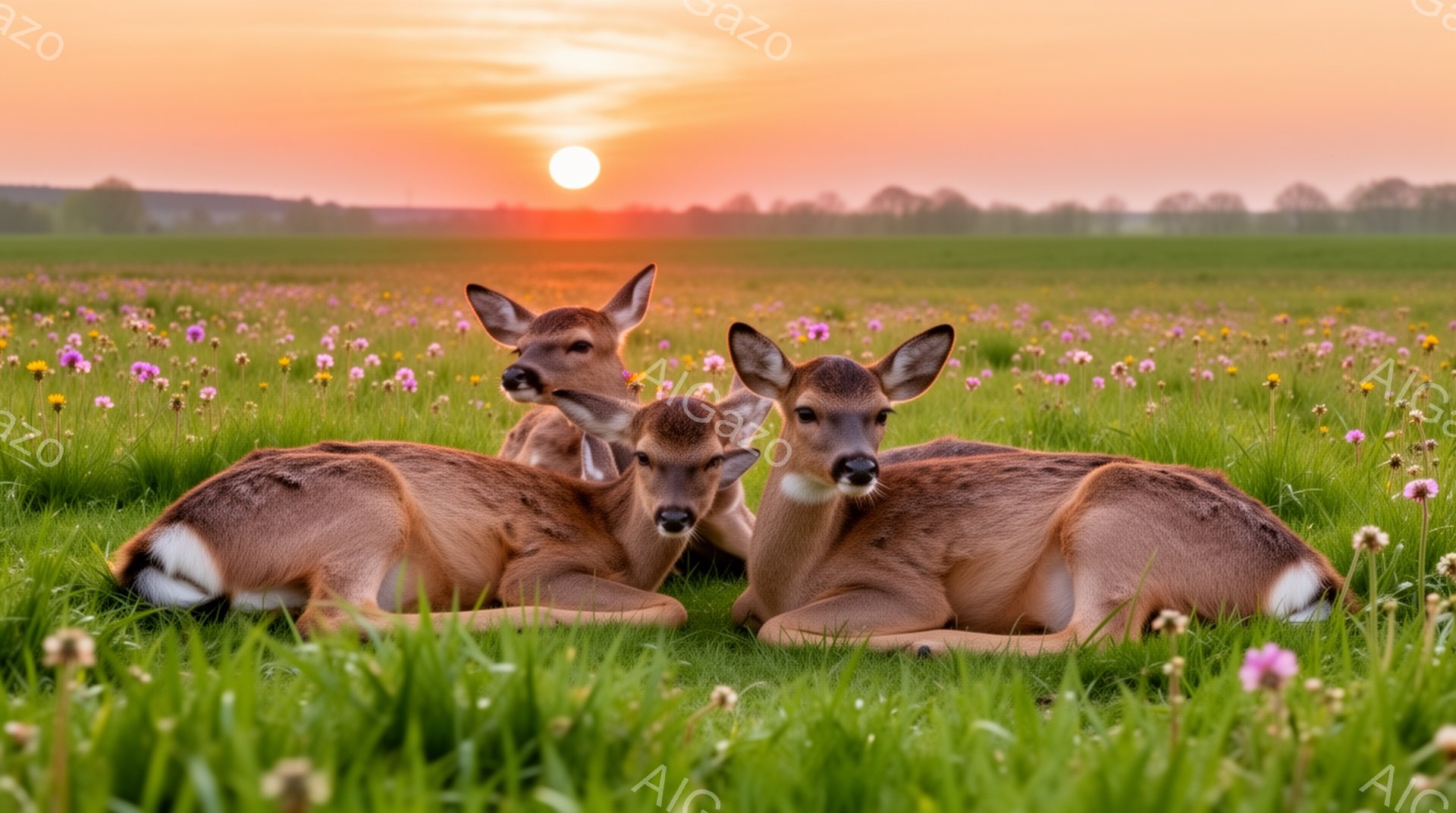 広大な草原に3匹のシカが横たわっています。夕焼け空の下、鮮やかな緑の草とピンクの花々が生い茂り、穏やかで平和な雰囲気が漂っています。シカたちはリラックスした様子で、自然の中で静かに休息を楽しんでいるよ - AI生成フリー素材