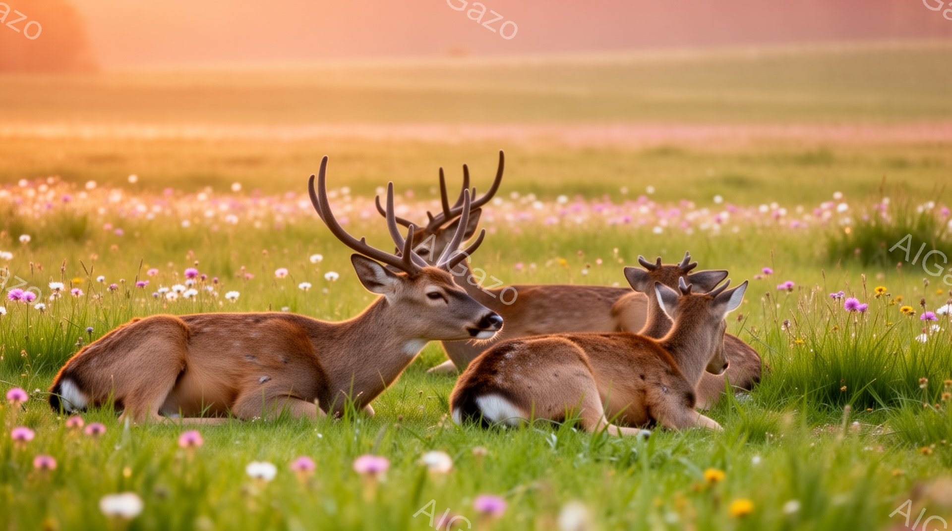 鮮やかな緑の草原に3頭のシカが横たわって休んでいます。シカたちは花々の中でリラックスした様子で、夕焼けの柔らかな光に照らされています。穏やかで平和な雰囲気を感じさせる光景です。
