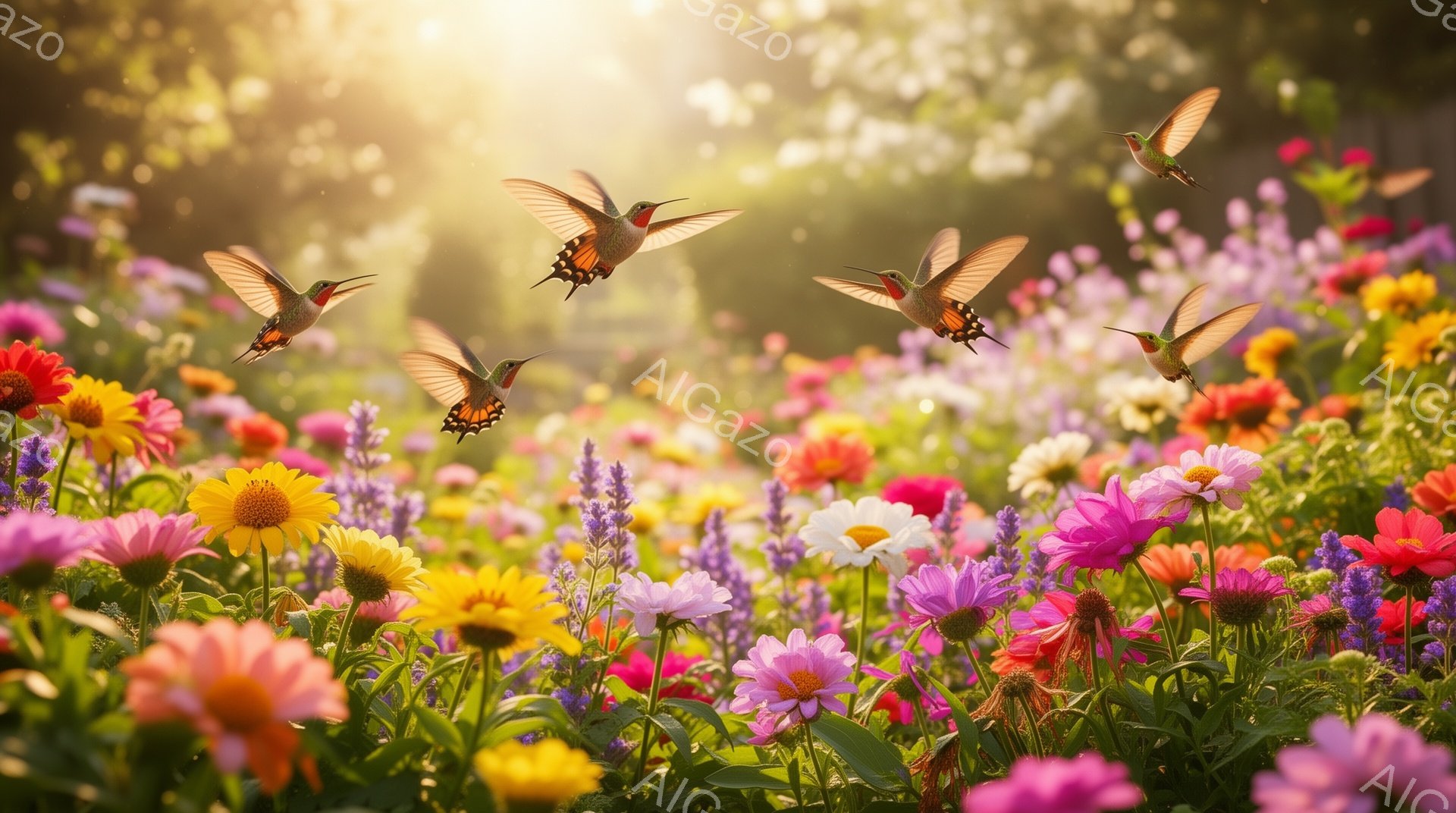 色とりどりの花々が咲き乱れる庭で、数羽のハチドリが飛び交っている。太陽の光が差し込み、花々とハチドリを照らし、幻想的な雰囲気を醸し出している。緑豊かな背景と鮮やかな色彩が、自然の美しさを際立たせている - AI生成フリー素材