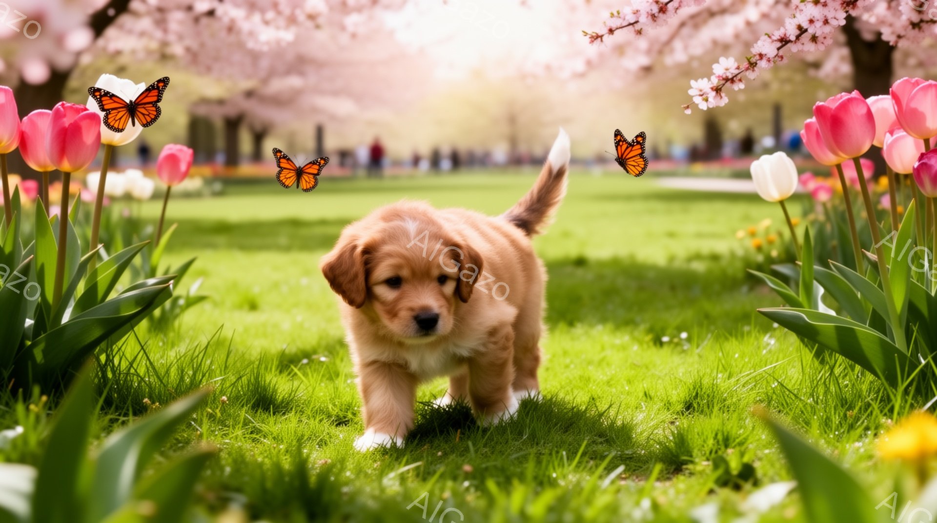 明るい緑の草の上を、小さなオレンジ色の子犬が歩いている。周りにはピンクと白のチューリップが咲き乱れ、空には蝶が舞っている。春の暖かく穏やかな雰囲気が伝わってくる。 - AI生成フリー素材