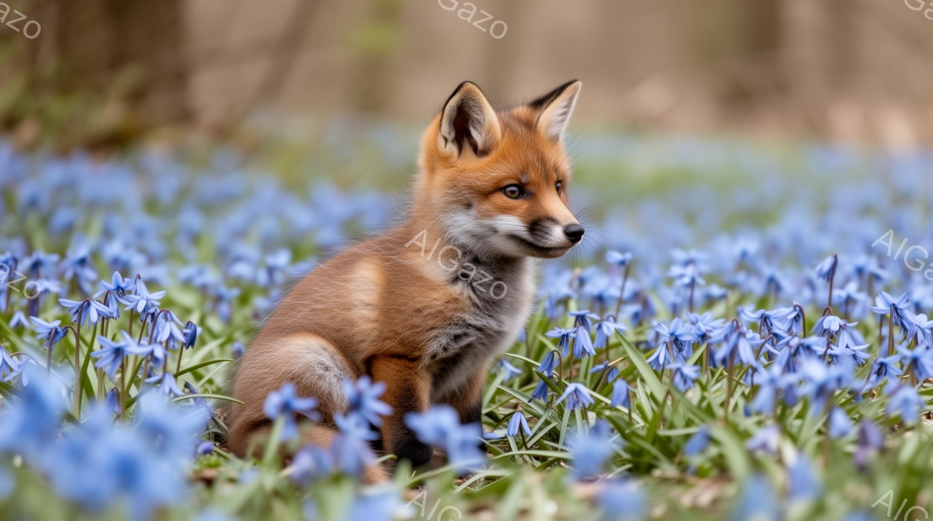 青い花畑に座る若いキツネが写っています。キツネは右を向き、少し警戒した表情を浮かべています。背景はぼやけており、春の穏やかな雰囲気を醸し出しています。