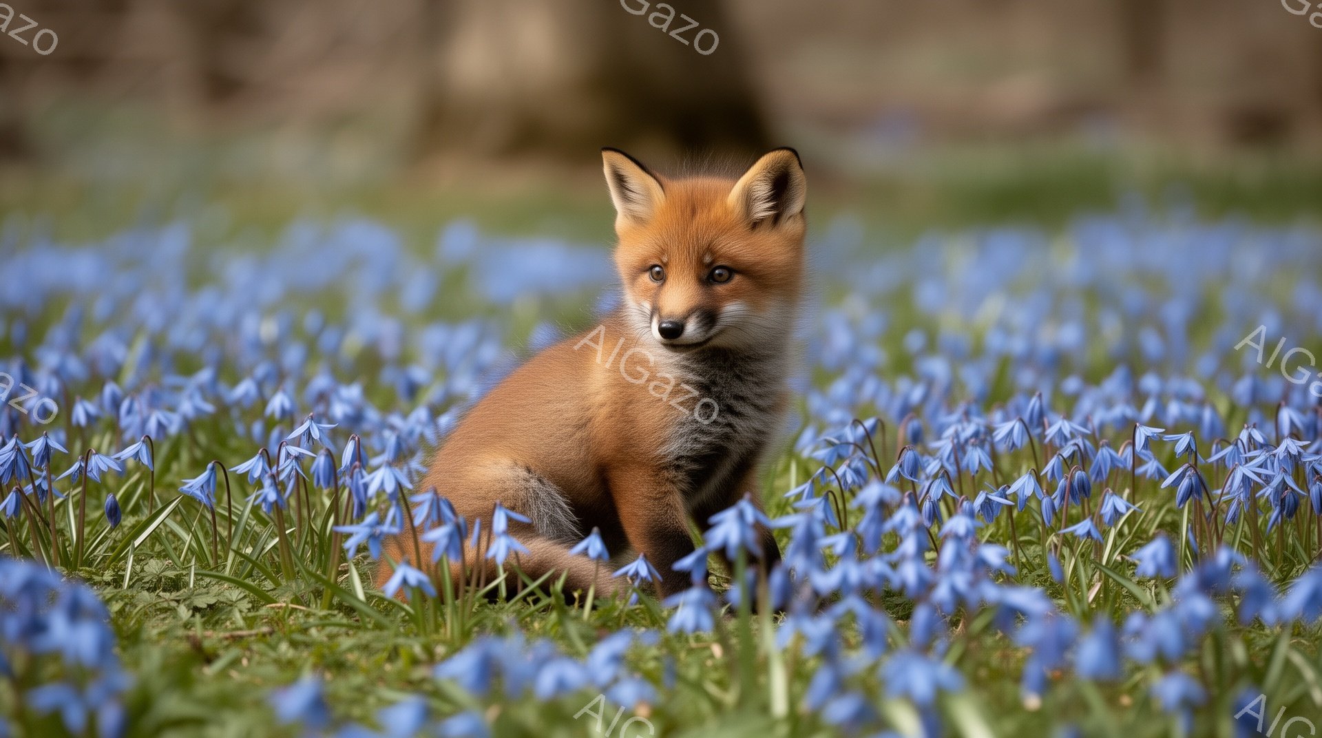 青い花畑に座っているキツネの幼獣が写っています。赤毛の毛並みとつぶらな瞳が愛らしく、春の優しい光の中で見つめています。背景は青い花で埋め尽くされ、幻想的な雰囲気を醸し出しています。