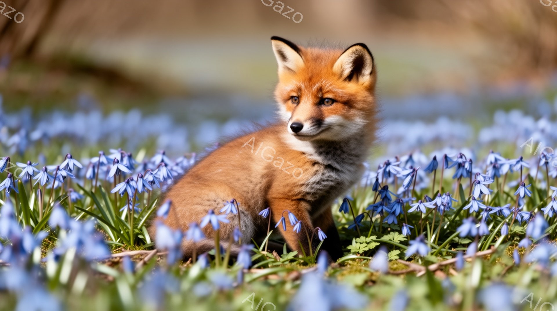 明るい緑の背景に、青い花が咲き乱れる中に、幼いキツネが座っています。そのキツネはオレンジ色の毛並みで、前方に何かを見つめており、好奇心に満ちた表情をしています。春の柔らかな光が全体を包み込み、穏やかで - AI生成フリー素材