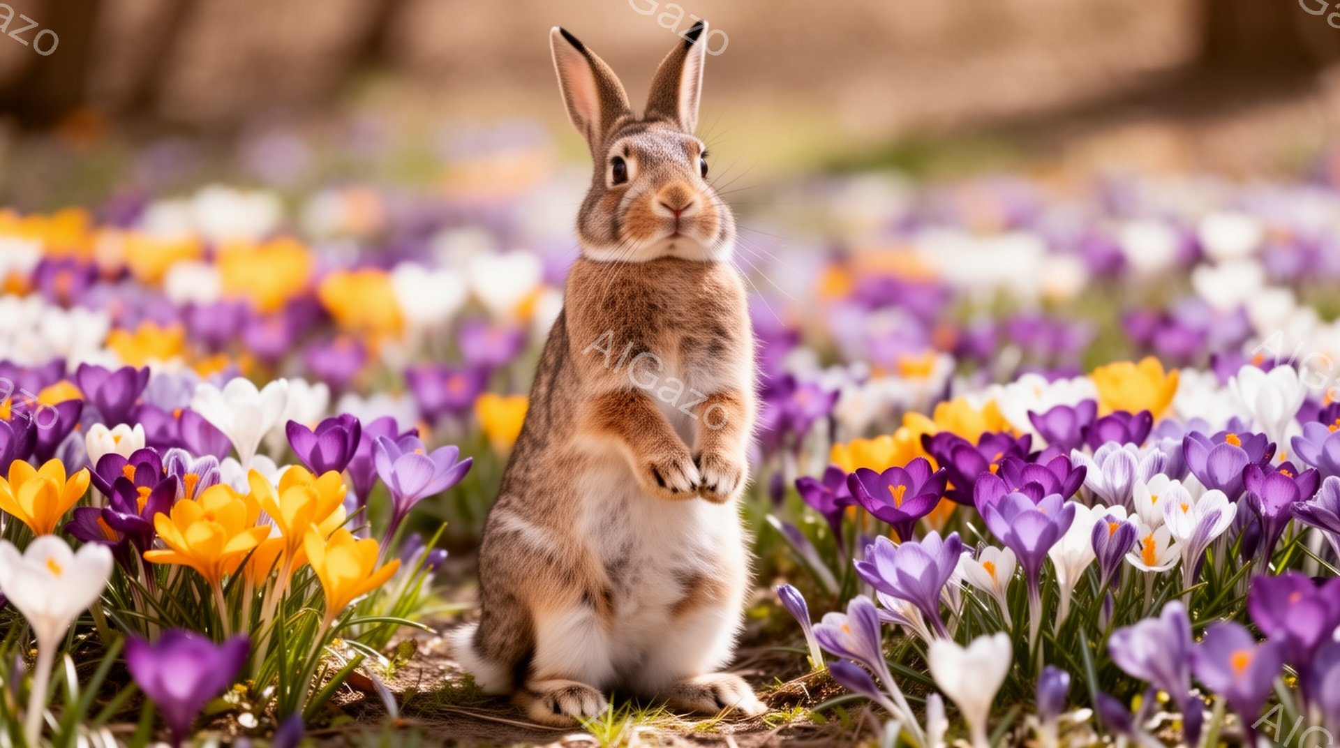 紫と黄色のクロッカスが咲き乱れる草原に、可愛らしい茶色のウサギが立っている。ウサギは前足を組み、好奇心旺盛な表情でカメラを見つめている。春の暖かさと生命力溢れる、穏やかな雰囲気の写真だ。