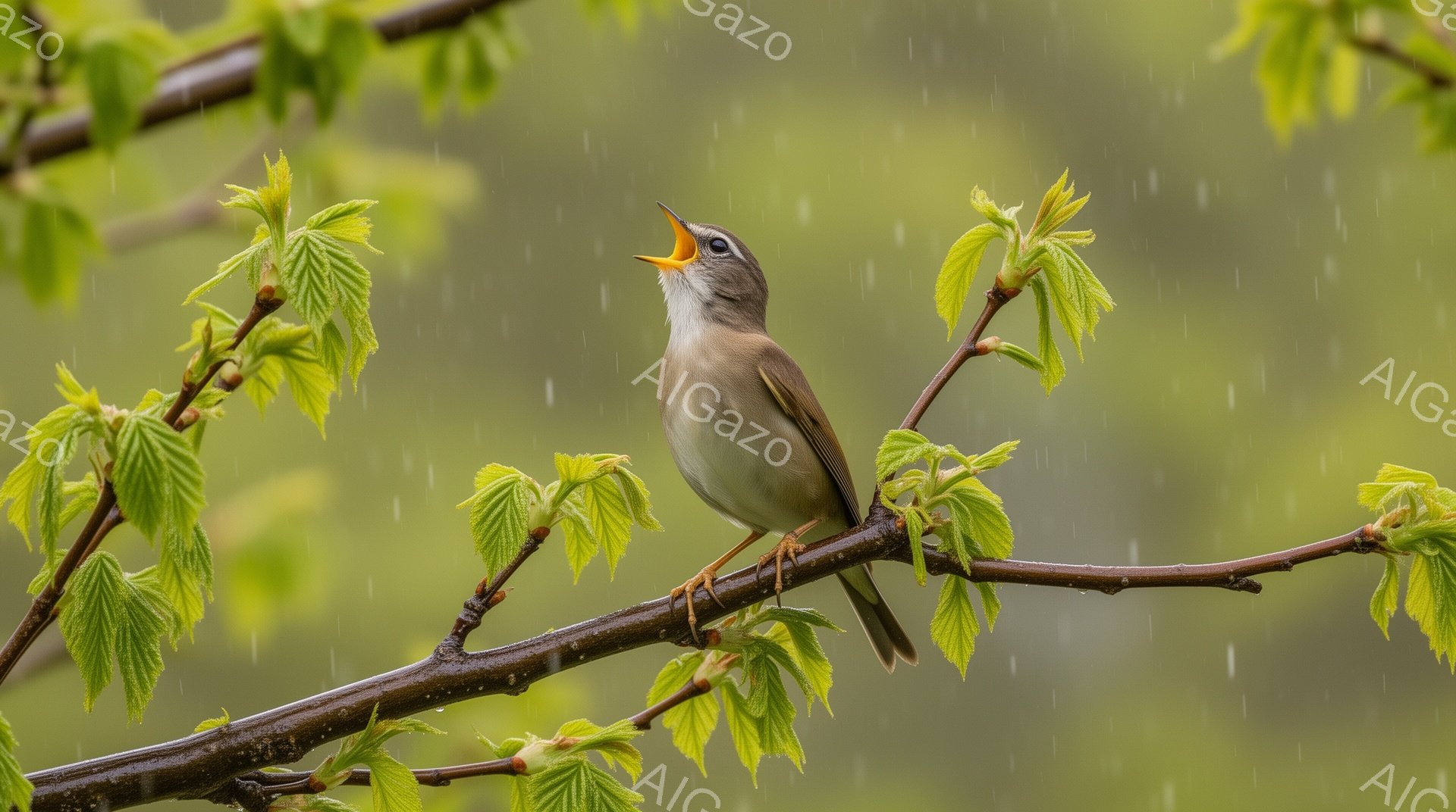 枝に留まった小鳥が口を開け、さえずっている。周りには緑の葉が生えており、背景には雨が降っている様子がぼんやりと見える。春らしい穏やかな雰囲気を感じさせる写真だ。 - AI生成フリー素材