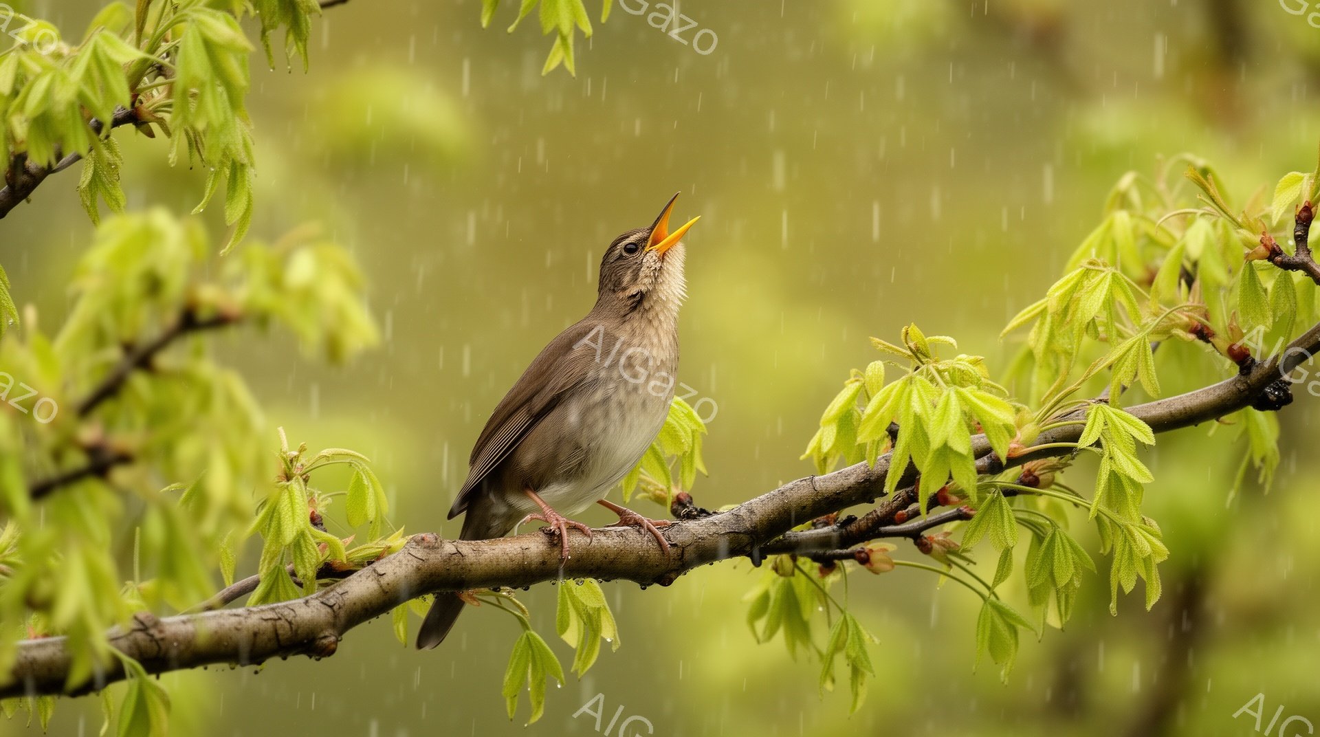 雨の中、木の枝にとまっている鳥が描かれています。鳥は口を開けて歌っているように見え、周囲には新緑の葉が広がっています。背景はぼやけており、雨の雰囲気が漂う静かな情景です。 - AI生成フリー素材
