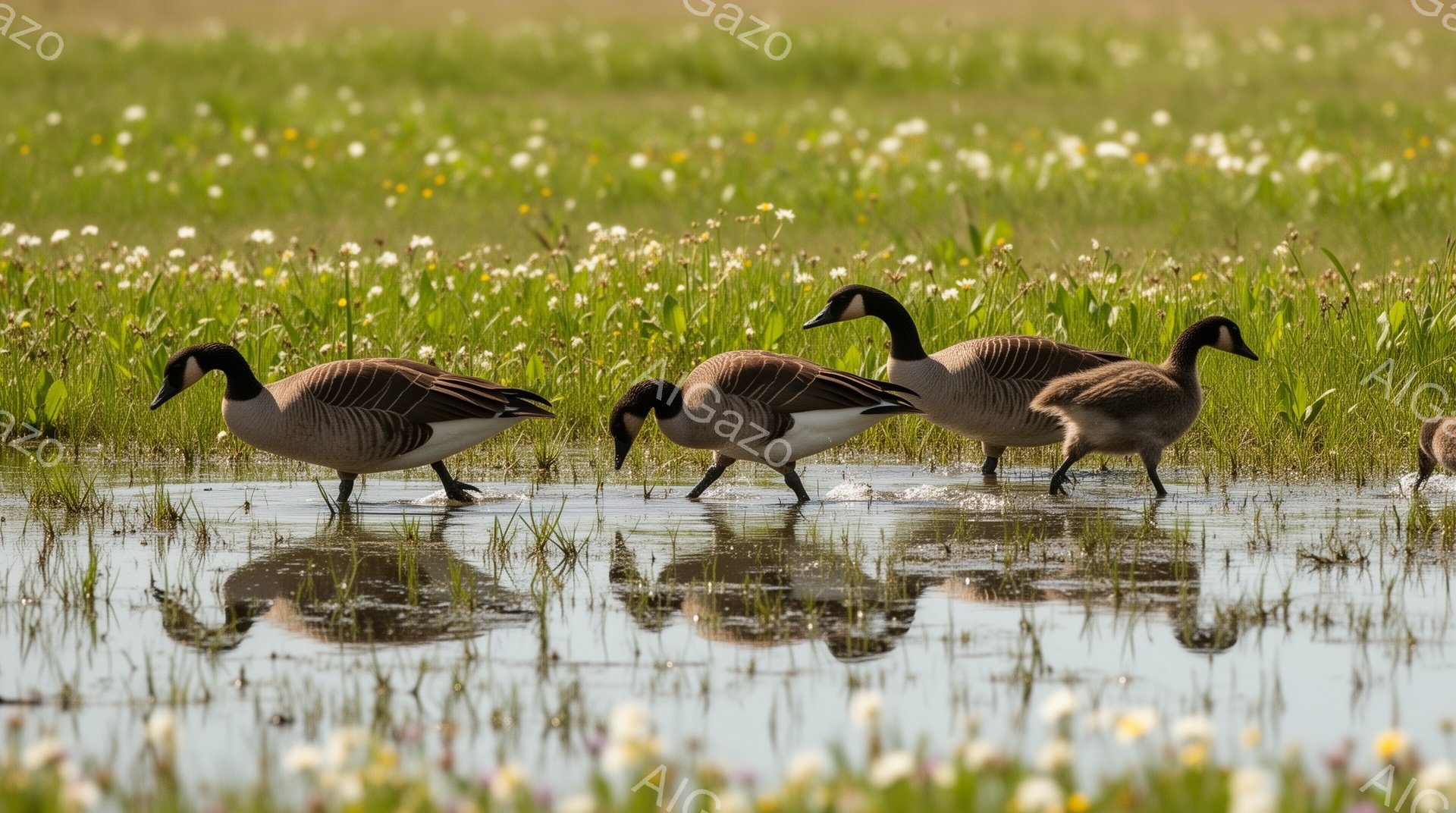 白い花が咲き乱れる湿地で、三羽のカナダガンが水面を歩いている。彼らは穏やかな表情で、ゆっくりと餌を探しているようだ。水面に映る影も美しく、平和な春の光景が広がっている。 - AI生成フリー素材