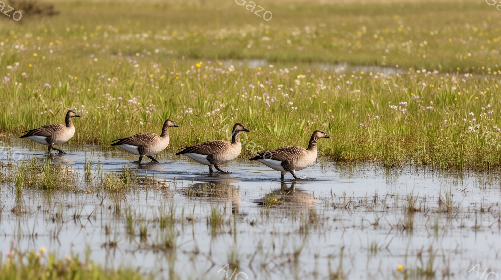 カモが浅い水たまりの中を列になって歩いている。背景には紫色の花が咲き乱れ、緑の草が生い茂る。穏やかで平和な雰囲気の自然の風景である。