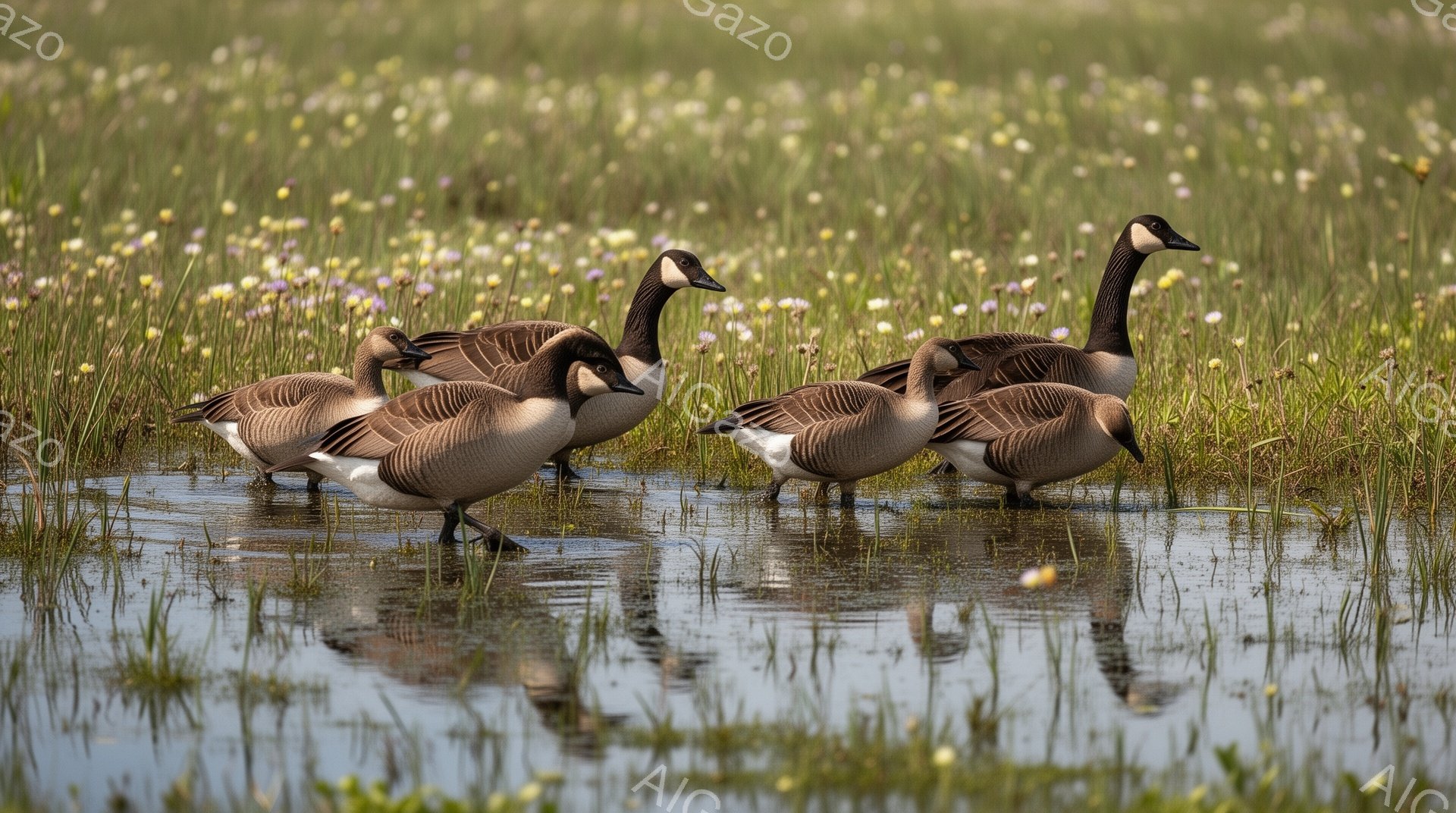 カナダグースが浅い水の中に立っており、背景には黄色い花が咲く草原が広がっています。水面にはその姿が映り込み、穏やかな雰囲気を醸し出しています。自然の中で静かに過ごす鳥たちの様子が捉えられています。 - AI生成フリー素材