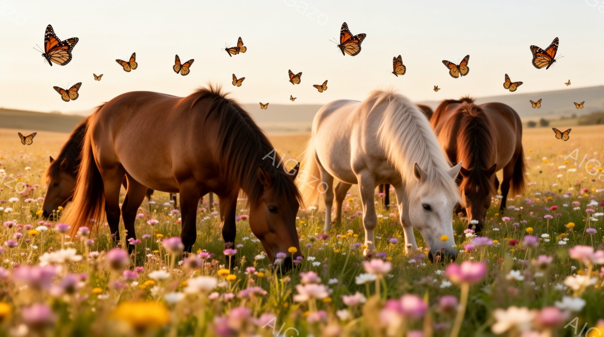 鮮やかな野花が咲き乱れる草原で、茶色と白の馬が草を食んでいます。夕暮れ時の柔らかな光が馬たちを照らし、周りにはたくさんの蝶が舞っています。穏やかで牧歌的な雰囲気が漂う美しい風景です。 - AI生成フリー素材