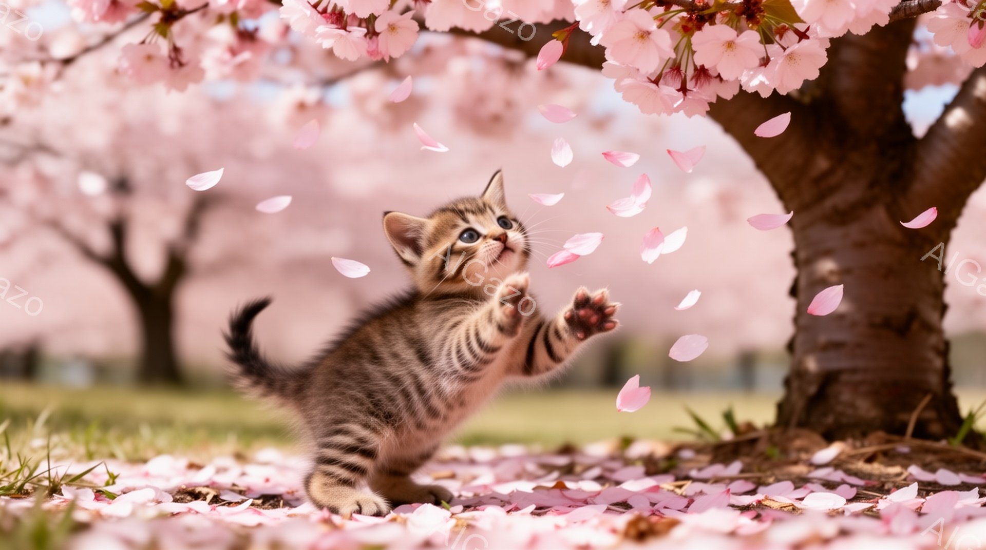小さな縞模様の子猫が桜の木の下で、前足を伸ばして舞い散る桜の花びらを追いかけている。周囲はピンク色の桜の花びらで覆われ、春の暖かく優しい雰囲気が漂っている。子猫の好奇心旺盛な表情と動きが、可愛らしさを強調している。
