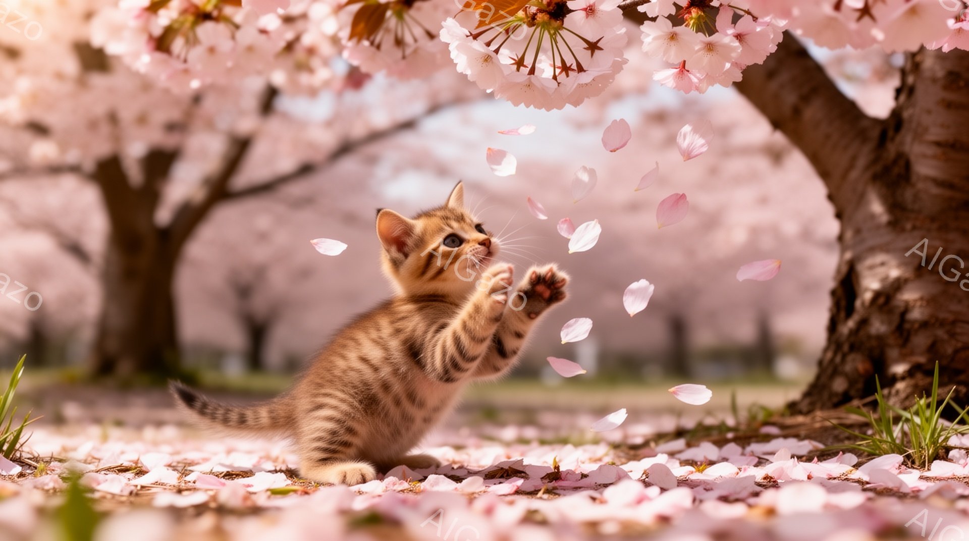 桜の木の下で子猫が花びらを追いかけて遊んでいる様子が捉えられています。子猫は前足を伸ばして、舞い落ちる桜の花びらを捕まえようとしており、その姿はとても愛らしいです。背景には桜の花が咲き乱れ、春の暖かく - AI生成フリー素材