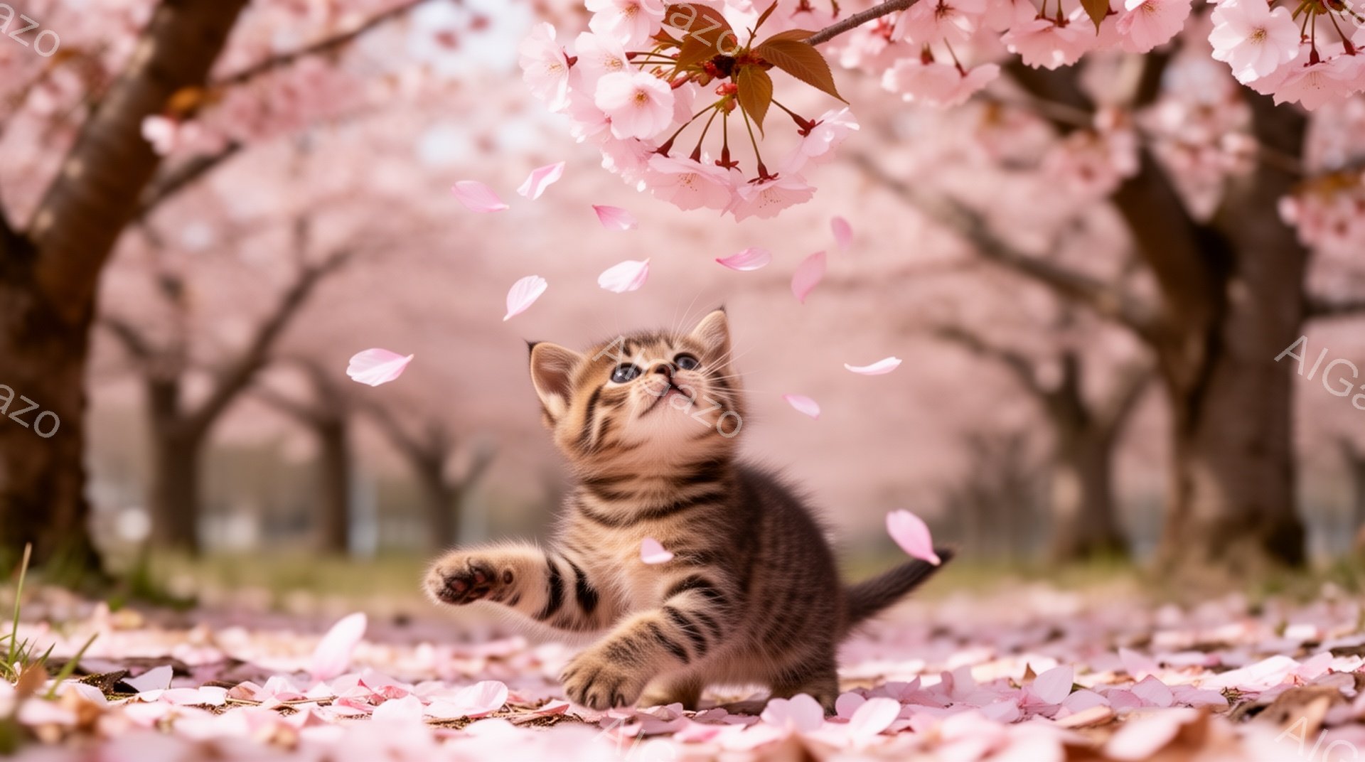 小さな子猫が桜の木の下で遊んでいます。ピンク色の花びらが舞い散る中、子猫は前足で花びらを捕まえようとしています。背景には桜並木が広がり、春の暖かく穏やかな雰囲気が漂っています。