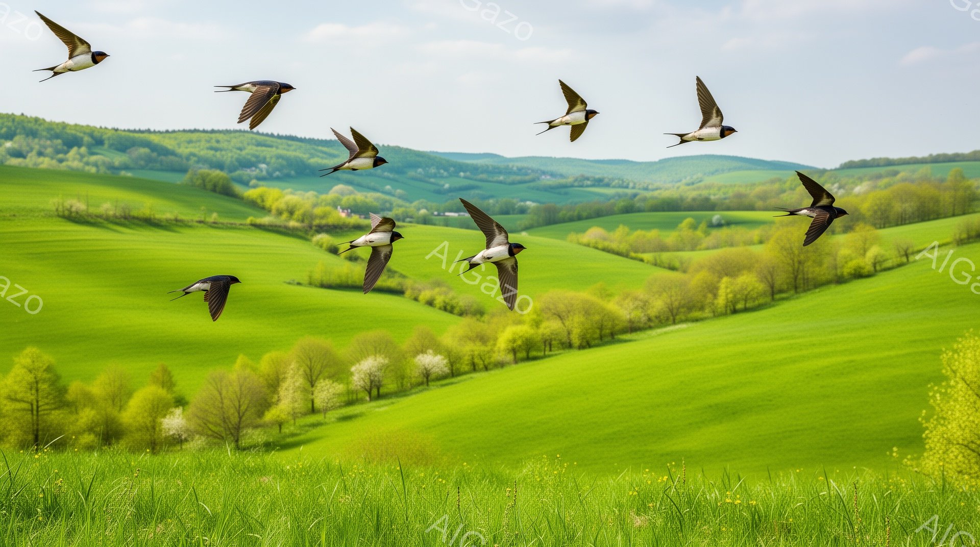 緑豊かな丘陵地帯をツバメが舞っている。太陽の光が差し込み、春の穏やかな雰囲気が漂っている。どこまでも続く緑の絨毯のような風景が美しい。 - AI生成フリー素材