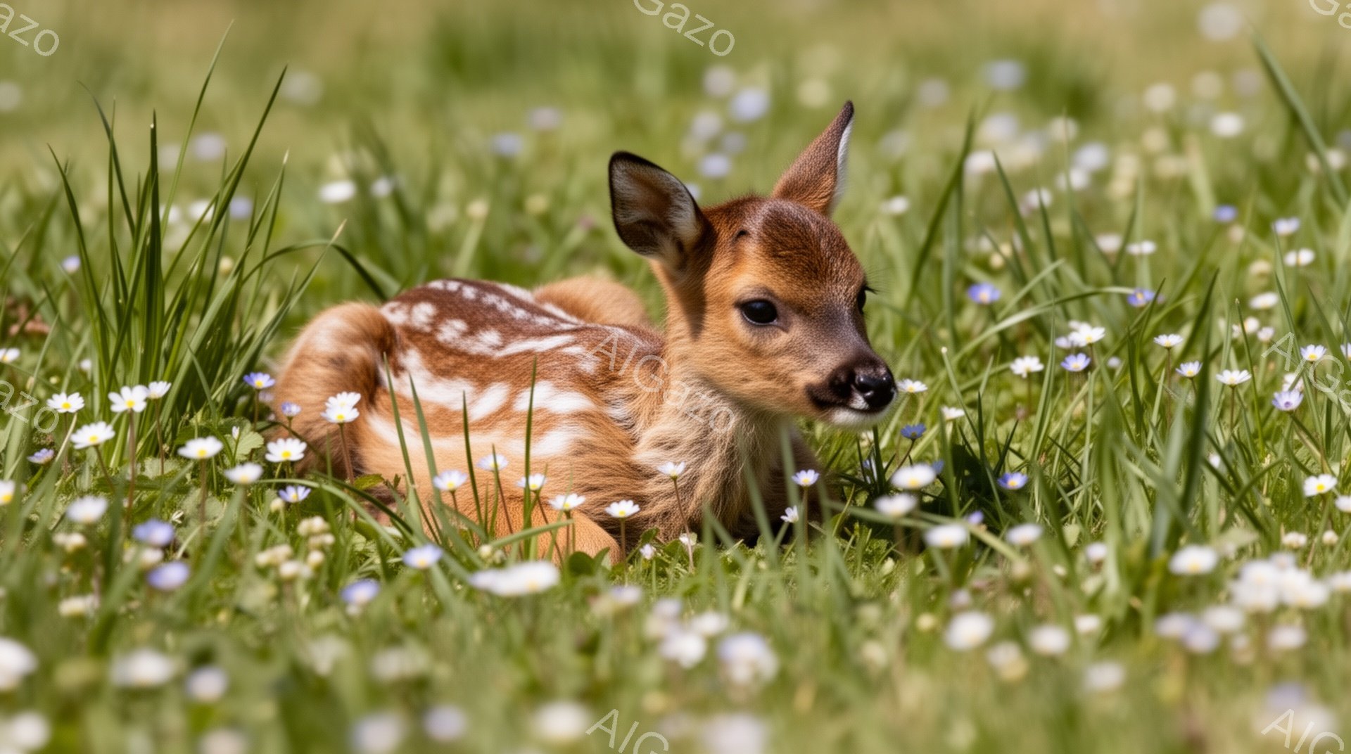 緑の草と小さな白い花が咲き乱れる中に、小さな子鹿がうつ伏せになって休んでいます。子鹿は茶色と白のまだら模様で、とても可愛らしい印象を与えます。穏やかな光が差し込み、のどかな春の日の雰囲気が漂っています - AI生成フリー素材