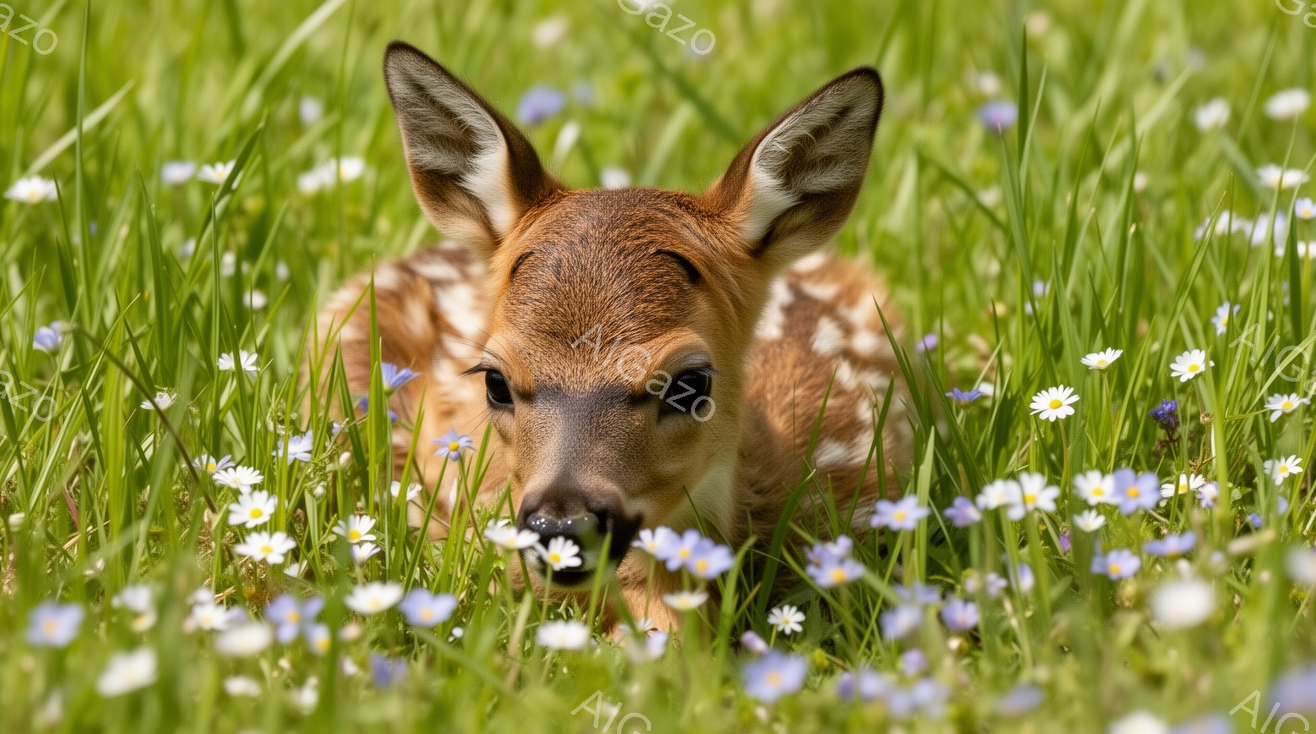 幼いシカが緑豊かな草花の中に隠れています。シカは花を口に含み、好奇心と無邪気さを感じさせます。背景には、青い花や緑の草が広がり、穏やかで平和な雰囲気を作り出しています。 - AI生成フリー素材