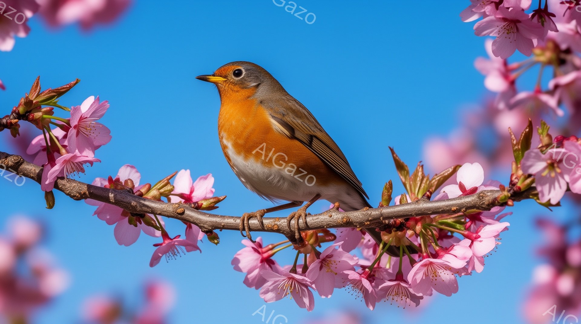 桜の枝に、胸が赤く美しい鳥がとまっている。空は澄んだ青空で、春の暖かさを感じさせる。桜の花びらが、鳥の周りを柔らかく彩っている。