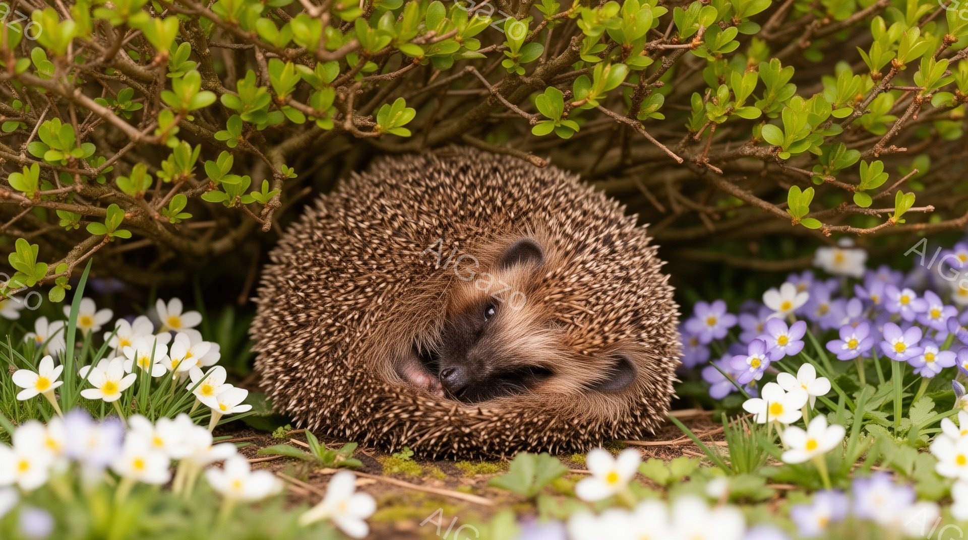 白と紫の花に囲まれ、丸まっているハリネズミが可愛らしい。緑の葉に覆われた背景と、柔らかい光が春の穏やかな雰囲気を演出している。ハリネズミはリラックスした様子で、まるで春の夢を見ているようだ。 - AI生成フリー素材