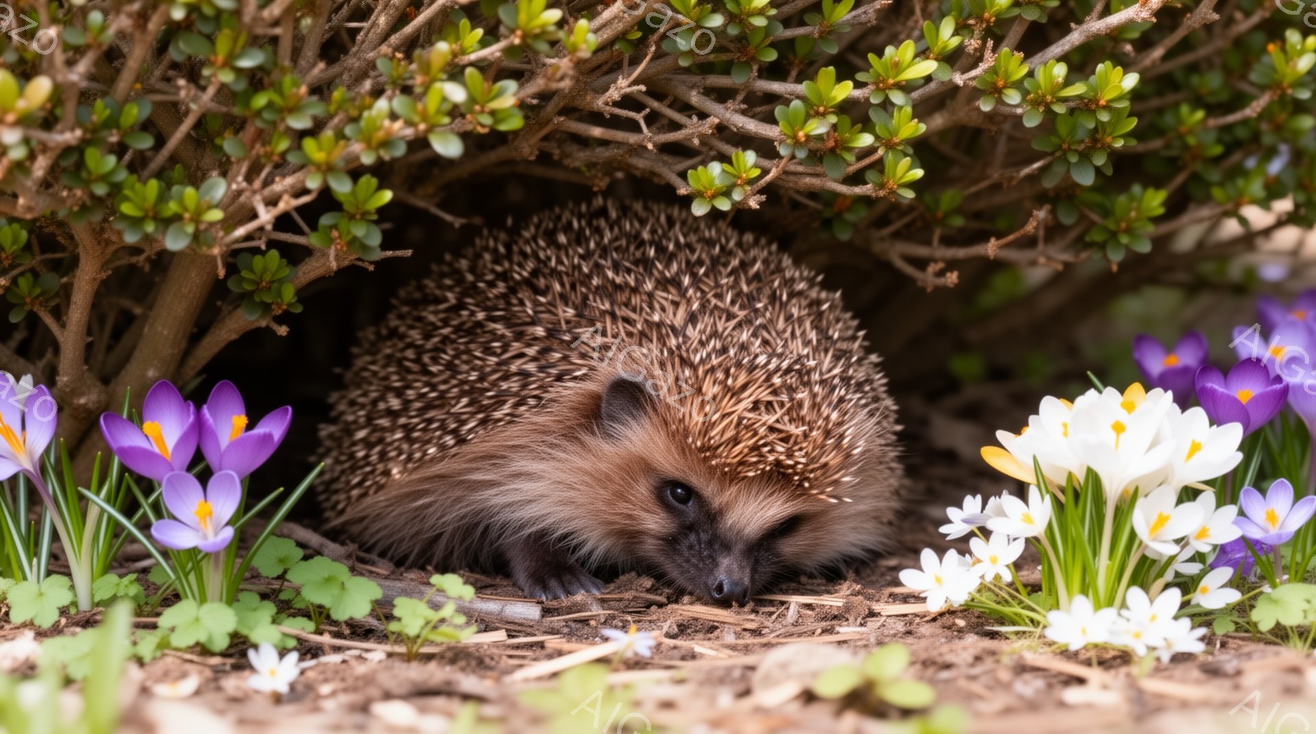 茂みの中に茶色のハリネズミが隠れている。周囲には紫と白のクロッカスが咲き乱れ、春の訪れを感じさせる。ハリネズミは慎重に前を見つめ、何かを探しているようだ。