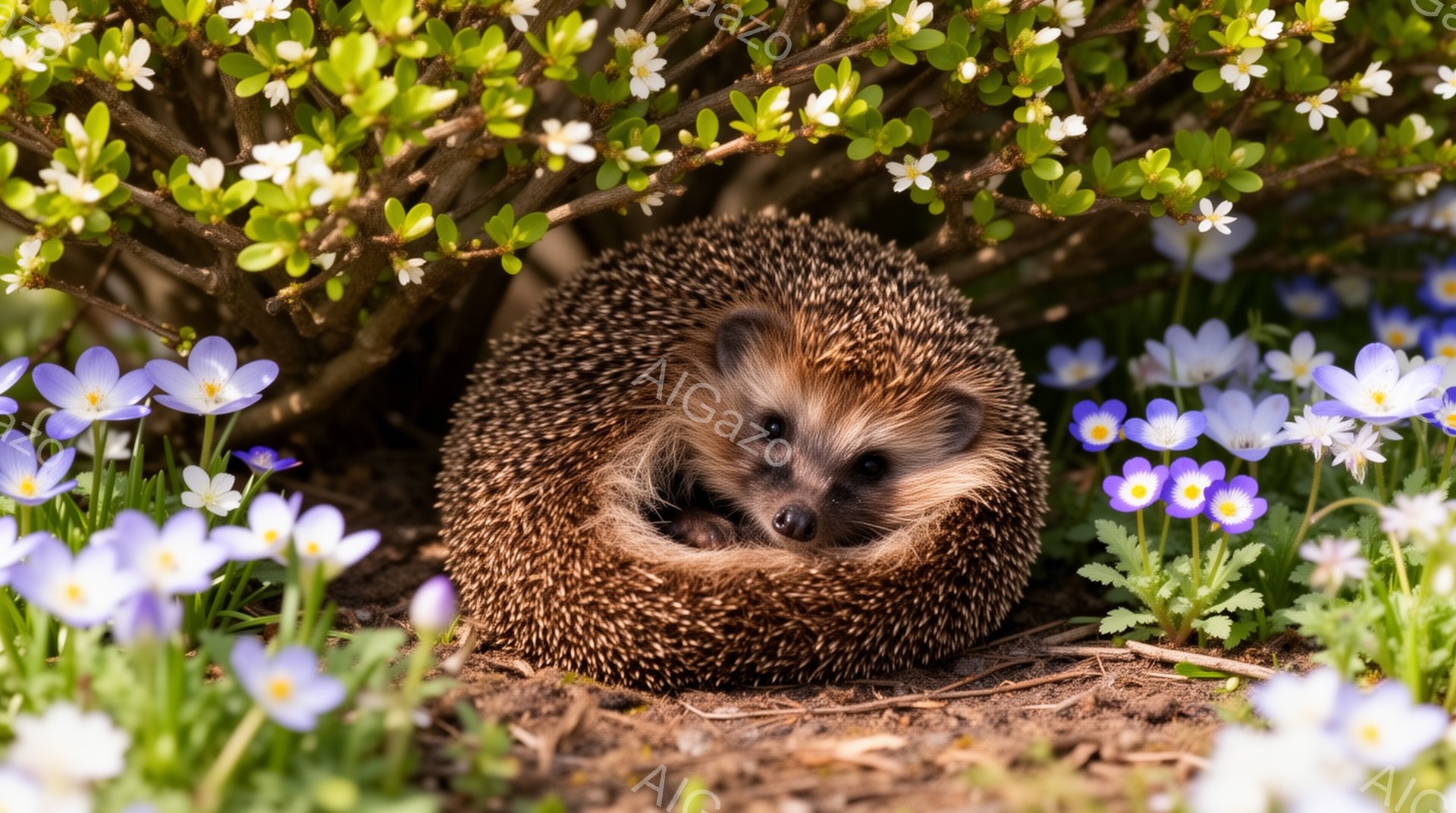 小さなハリネズミが、青い花と白い花に囲まれて丸まっている。土の上で日向ぼっこをしているようで、とても平和な雰囲気だ。春の訪れを感じさせる、可愛らしい光景である。 - AI生成フリー素材