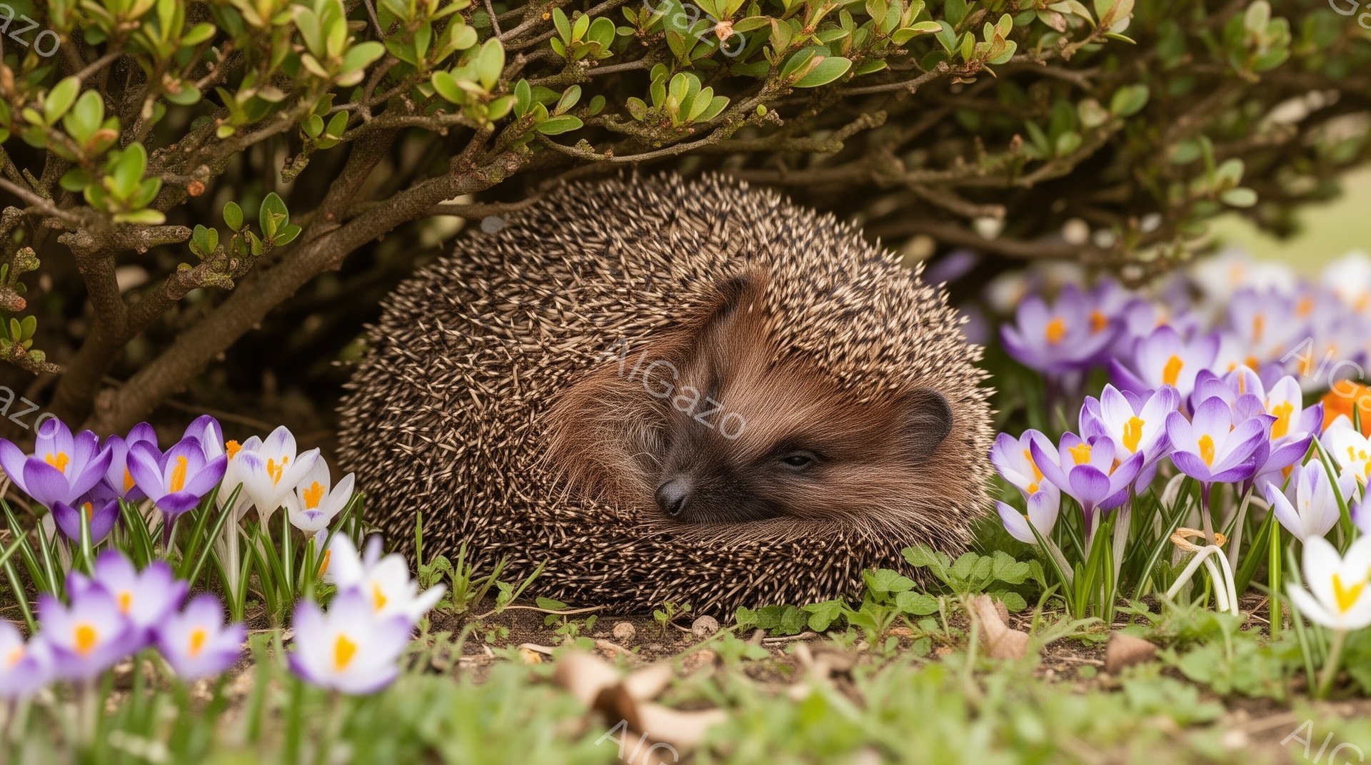 緑の葉と紫色のクロッカスに囲まれたハリネズミが丸まって休んでいる。その姿は可愛らしく、春の穏やかな雰囲気を醸し出している。光が柔らかく差し込み、暖かな印象を与える。