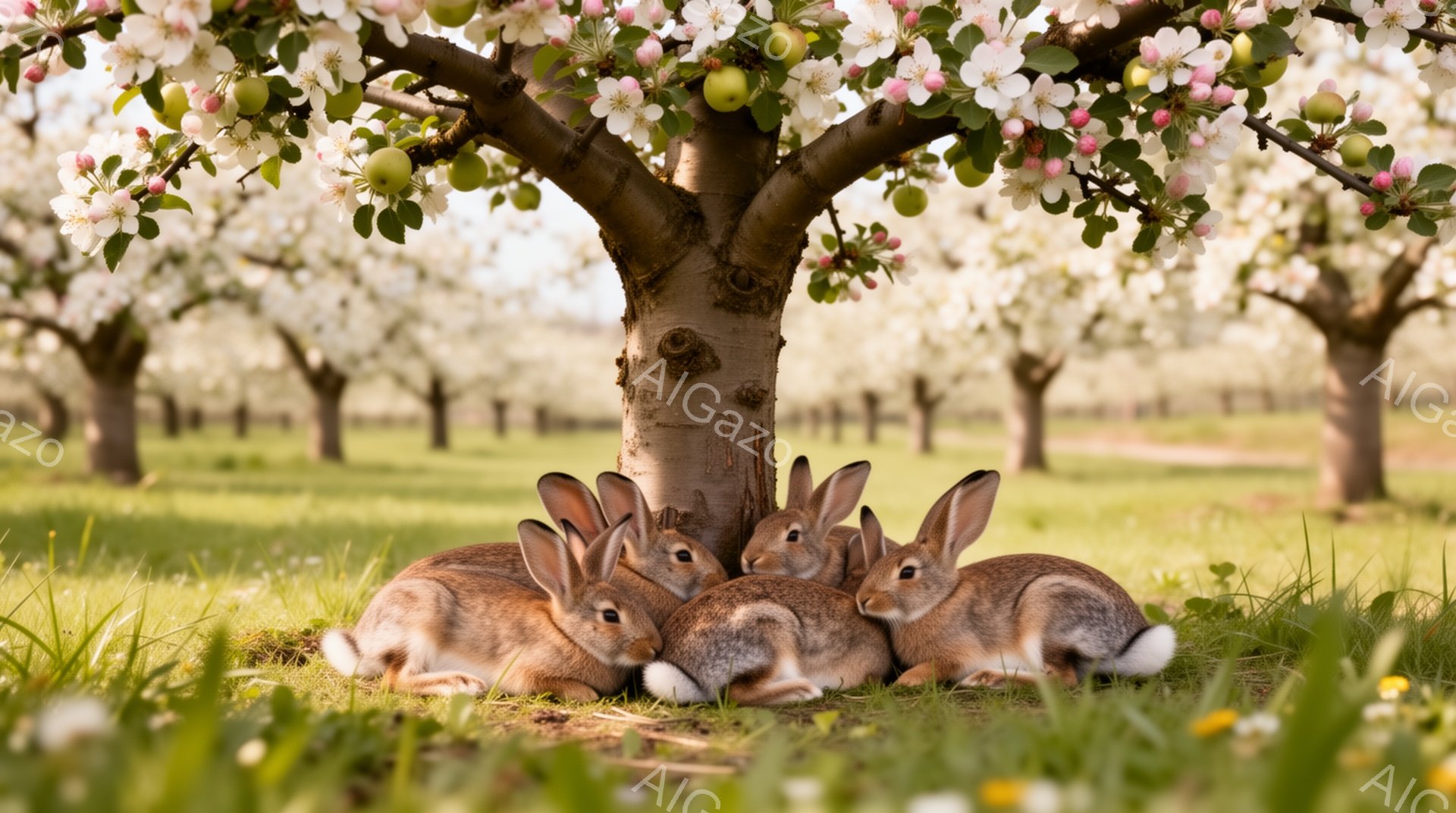 緑の草原に、4匹のウサギが寄り添って座っている。背景には、リンゴの花が咲き乱れる果樹園が広がり、穏やかで春らしい雰囲気が漂っている。太陽の光が優しく降り注ぎ、暖かく心地よい情景が表現されている。 - AI生成フリー素材