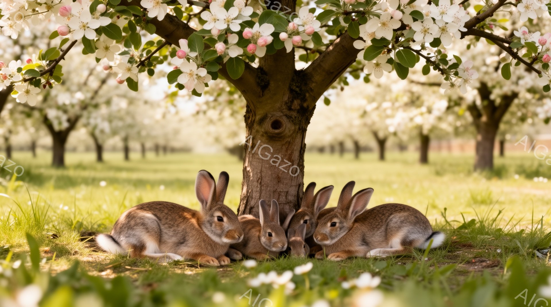 鮮やかな緑の草の上に、４匹のウサギが寄り添って座っている。背景には、桜のような白い花が咲き乱れる果樹園が広がり、春の穏やかな雰囲気を醸し出している。ウサギたちはリラックスした様子で、平和な時間を過ごし - AI生成フリー素材