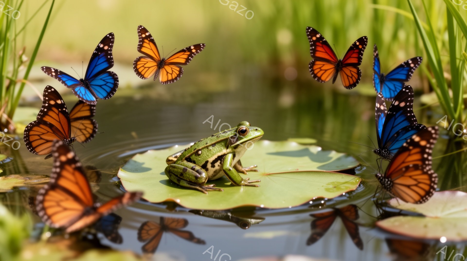 緑色のカエルが大きなスイレンの葉の上に座り、周囲を色とりどりの蝶が舞っている。水面は穏やかで、背景には緑豊かな植物が広がっている。暖かく平和な雰囲気で、自然の美しさを表現している。