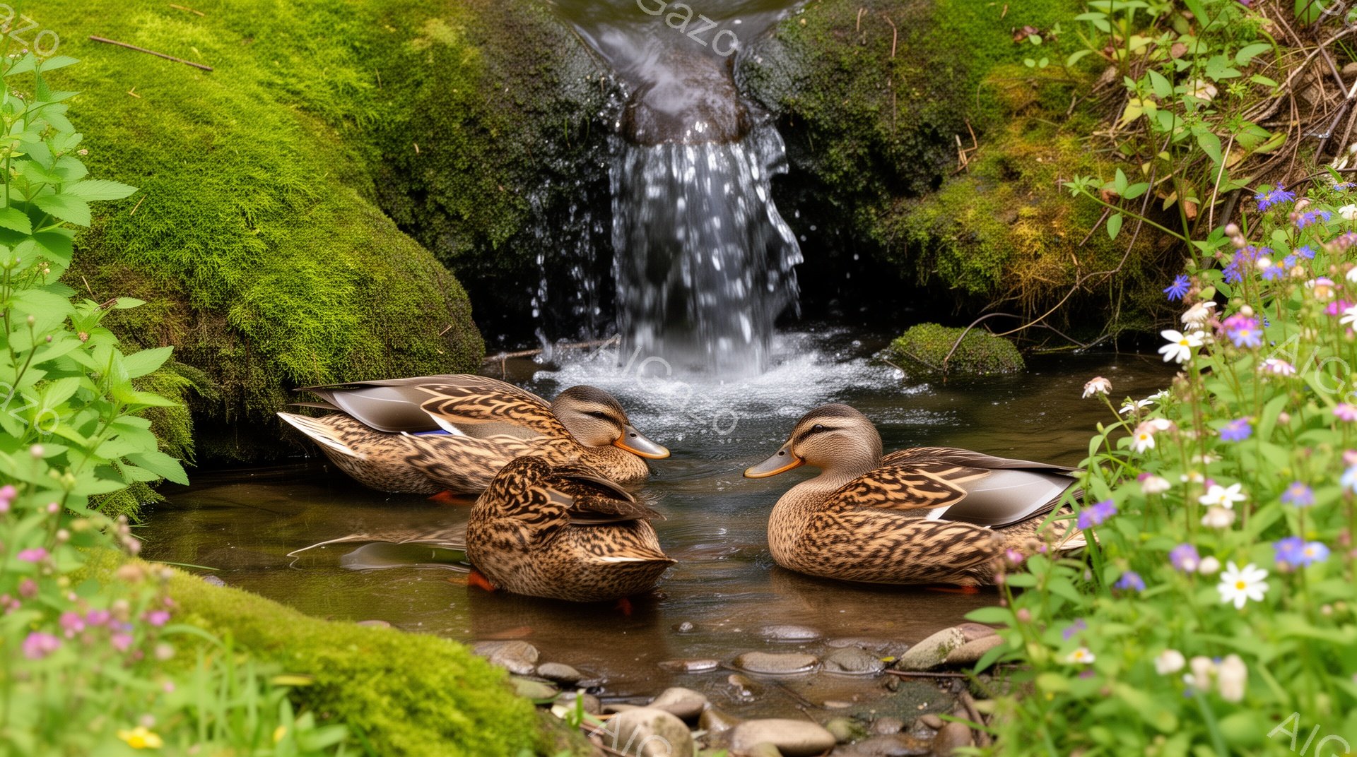 アヒルが小川の中でリラックスしています。周りには緑豊かな草と花が咲き、背景には滝が見えます。穏やかで平和な雰囲気です。 - AI生成フリー素材