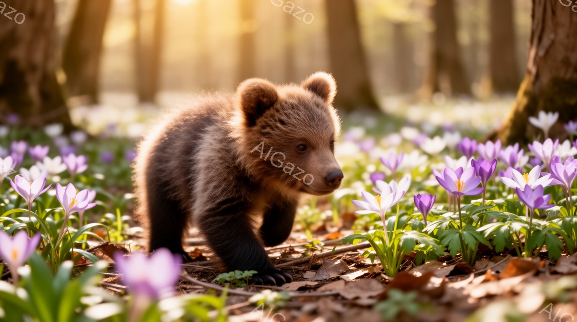 小さな茶色の熊の子供が、紫色のクロッカスが咲き乱れる森の中を歩いています。日の光が差し込み、春の暖かさと生命力を感じさせる穏やかな雰囲気です。土と植物のテクスチャが自然の美しさを強調しています。