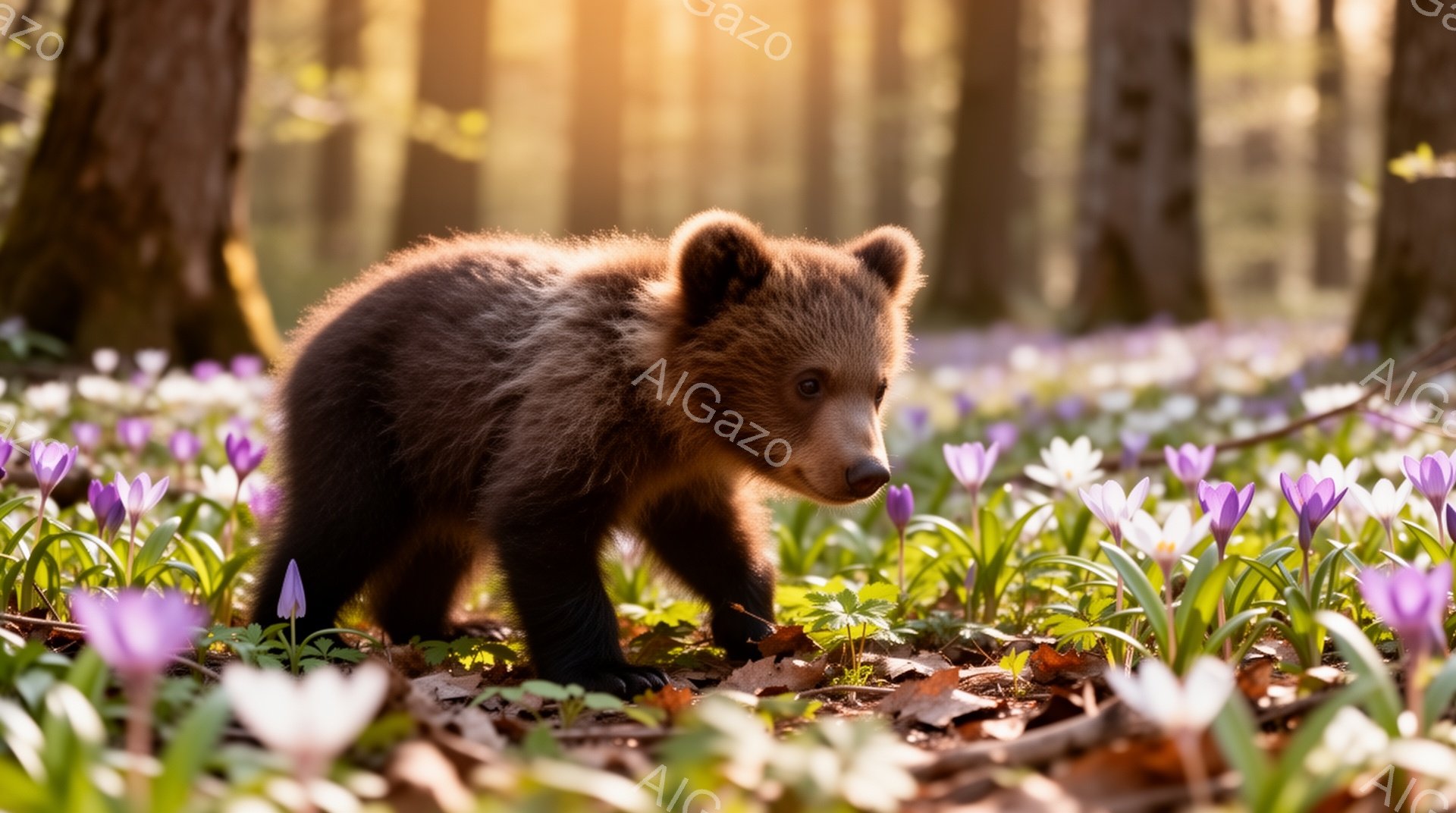 小さな子グマが紫色の花畑の中を歩いている。木漏れ日が暖かく、春の訪れを感じさせる穏やかな光景だ。背景にはぼやけた木々が見え、自然豊かな森の中であることがわかる。 - AI生成フリー素材