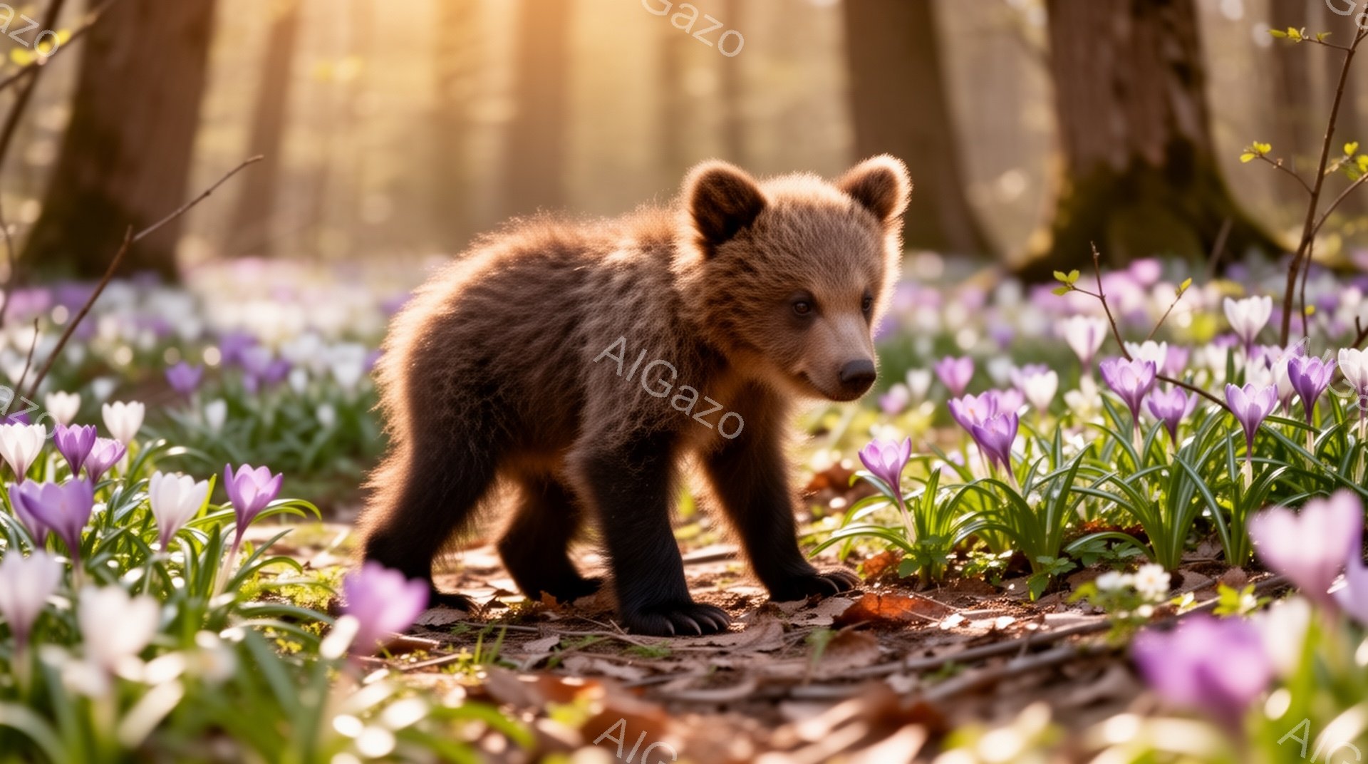 小さな熊の子供が紫色のクロッカスが咲き乱れる森の中を歩いている。朝日が木々の間から差し込み、暖かく柔らかい光が子供を照らしている。背景はぼやけており、春の穏やかな雰囲気が漂っている。