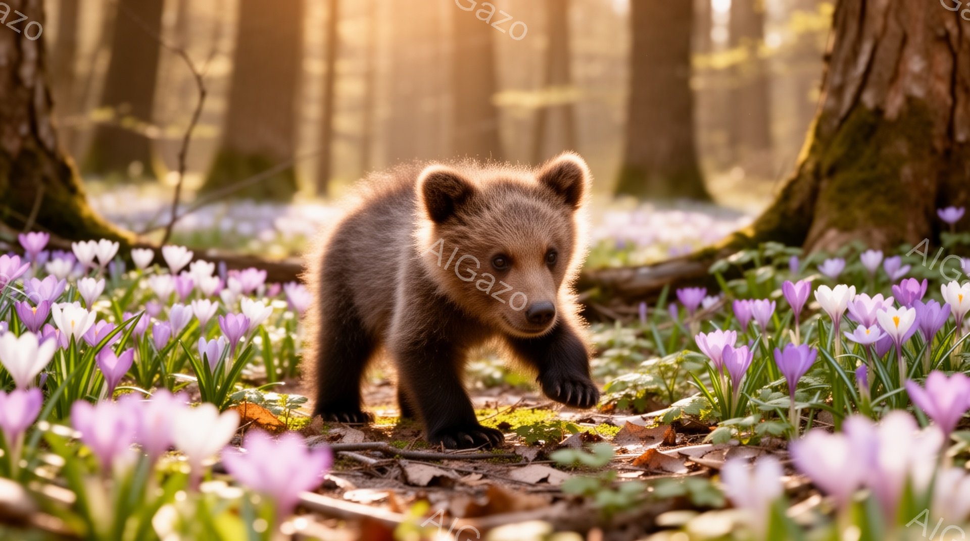 春の森の中で、子グマが紫色のクロッカス畑を歩いています。暖かく柔らかな光が降り注ぎ、可愛らしい子グマと花々が春の訪れを感じさせる、穏やかで優しい雰囲気です。背景には木々が見え、自然豊かな風景が広がっています。