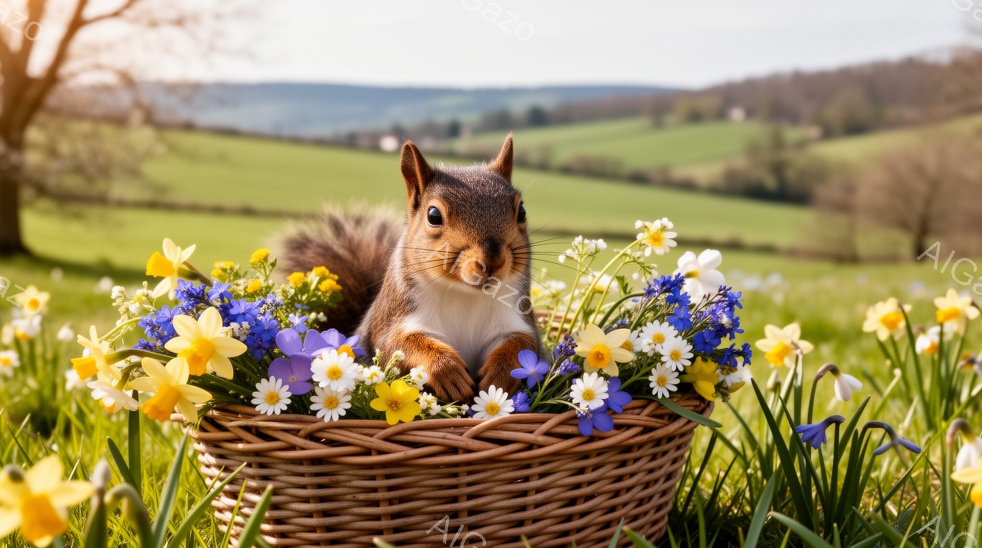 籠の中にリスが座っており、周りには鮮やかな春の花々が咲き乱れています。リスは好奇心旺盛な表情でカメラを見つめており、背景には緑豊かな丘陵地帯が広がっています。春の暖かさと生命力に満ちた、可愛らしい光景です。