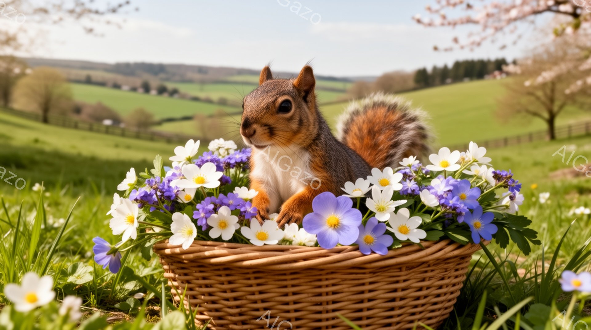 鮮やかな緑の草むらの中に、花でいっぱいのバスケットが置かれています。その中にリスが可愛らしく顔を出し、穏やかな表情でこちらを見ています。背景には遠くの丘陵地帯が見え、暖かく平和な春の雰囲気が漂っています。