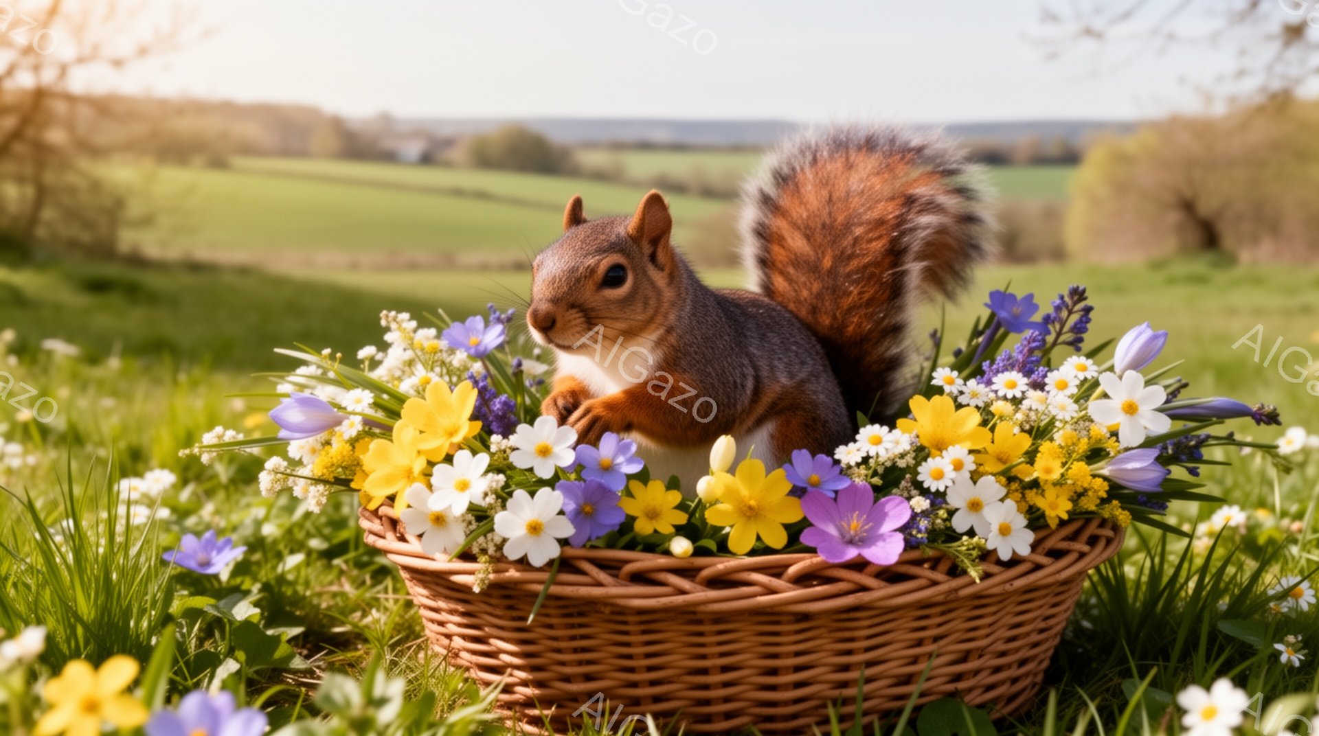 籠の中にリスが座っており、周りは黄色や白、紫色の花で満たされています。背景には緑の丘が広がり、穏やかで平和な春の日の雰囲気が感じられます。リスは少し警戒した表情で、こちらを見ています。