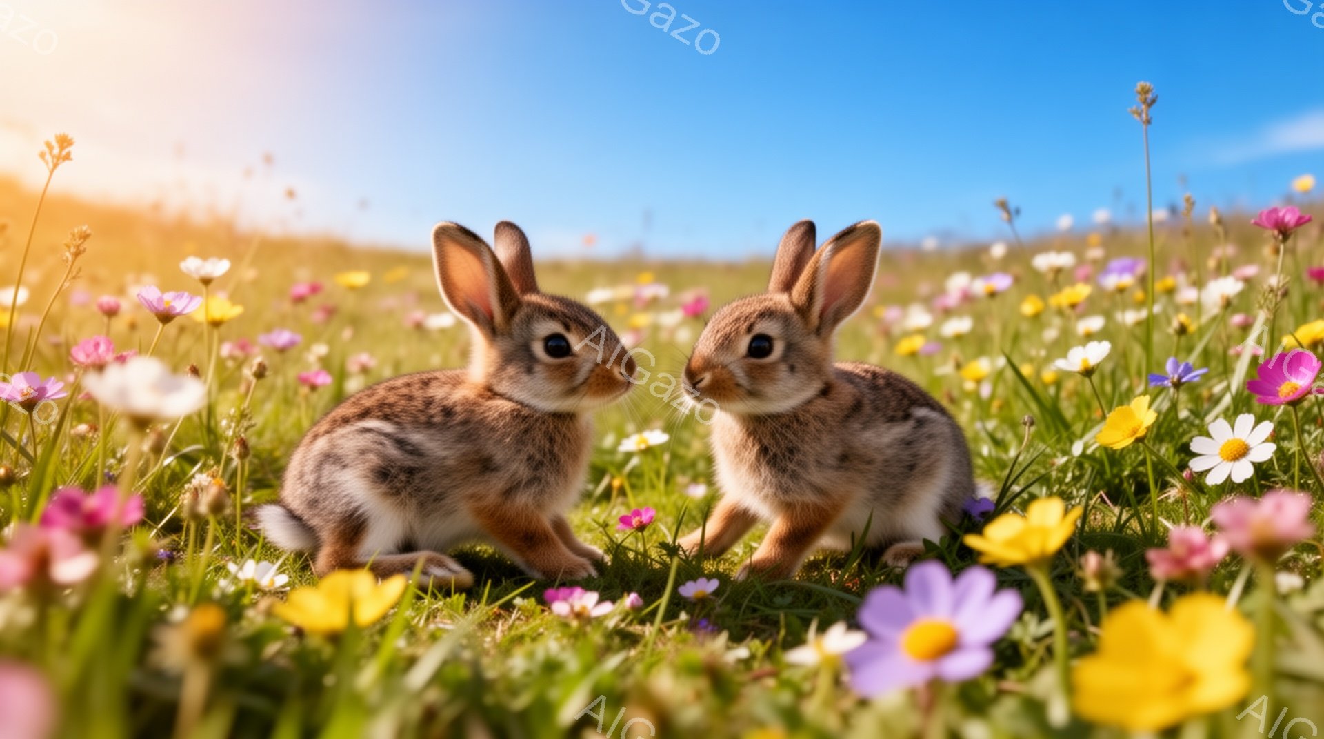 鮮やかな野原で、二匹のうさぎが寄り添い合っています。周囲には色とりどりの花が咲き乱れ、穏やかで平和な雰囲気が漂っています。夕日の光が柔らかく照らし、暖かく優しい情景を作り出しています。 - AI生成フリー素材