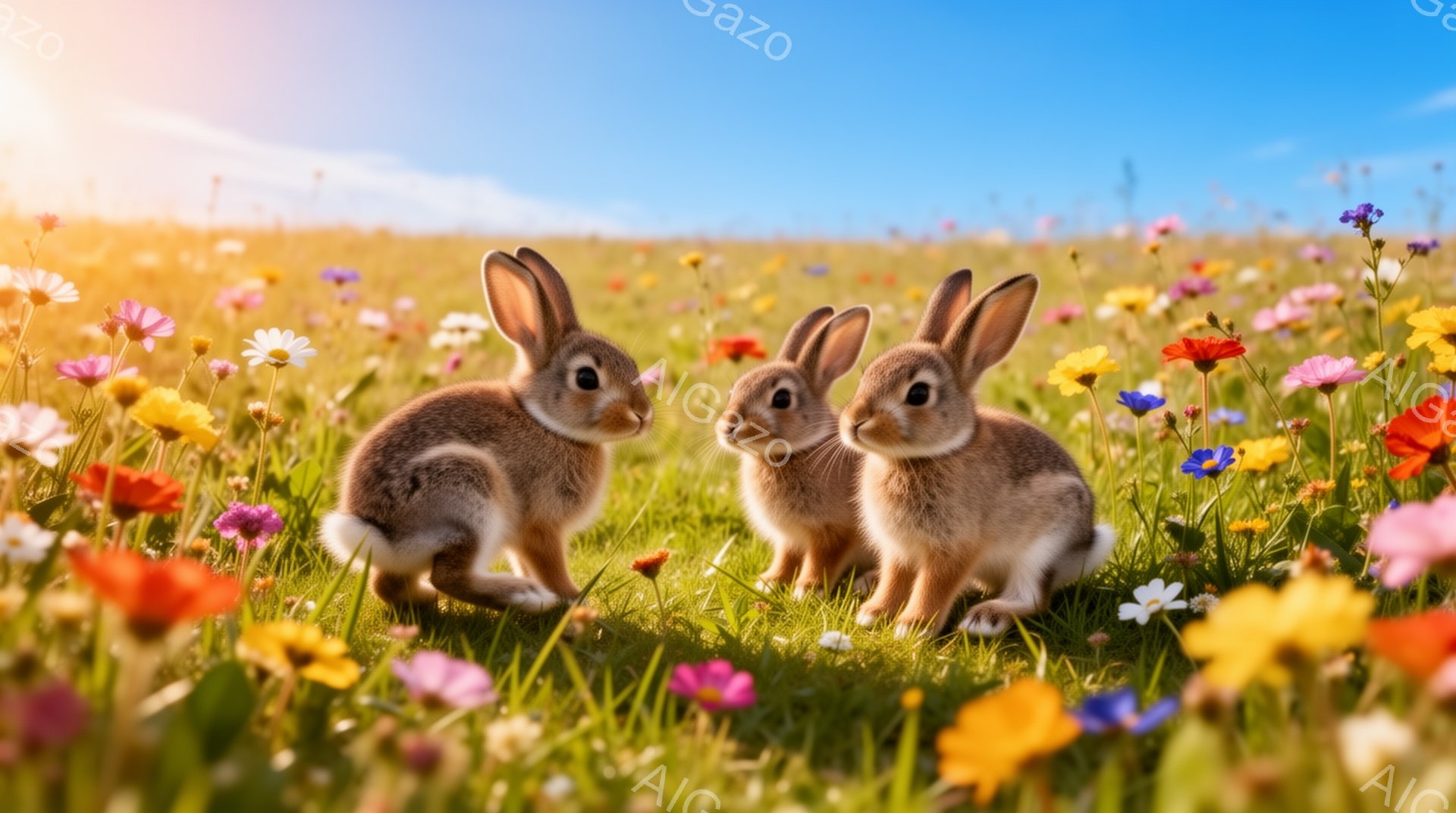草原に三匹のウサギが咲き乱れる花々の中に座っています。ウサギたちは穏やかな表情で、周囲の美しい景色を眺めているようです。太陽の光が暖かく、平和な雰囲気を醸し出しています。 - AI生成フリー素材