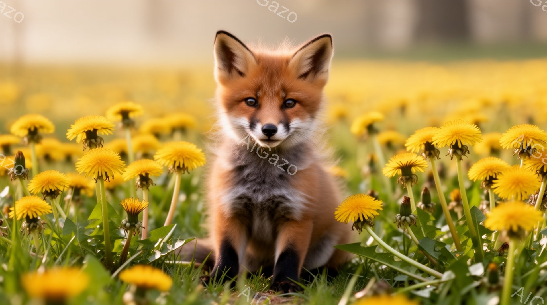 鮮やかな黄色のタンポポが咲き乱れる草原で、小さなキツネが座っている。キツネは好奇心に満ちた表情でカメラを見つめ、毛並みは鮮やかなオレンジ色をしている。暖かく穏やかな雰囲気の自然写真である。 - AI生成フリー素材