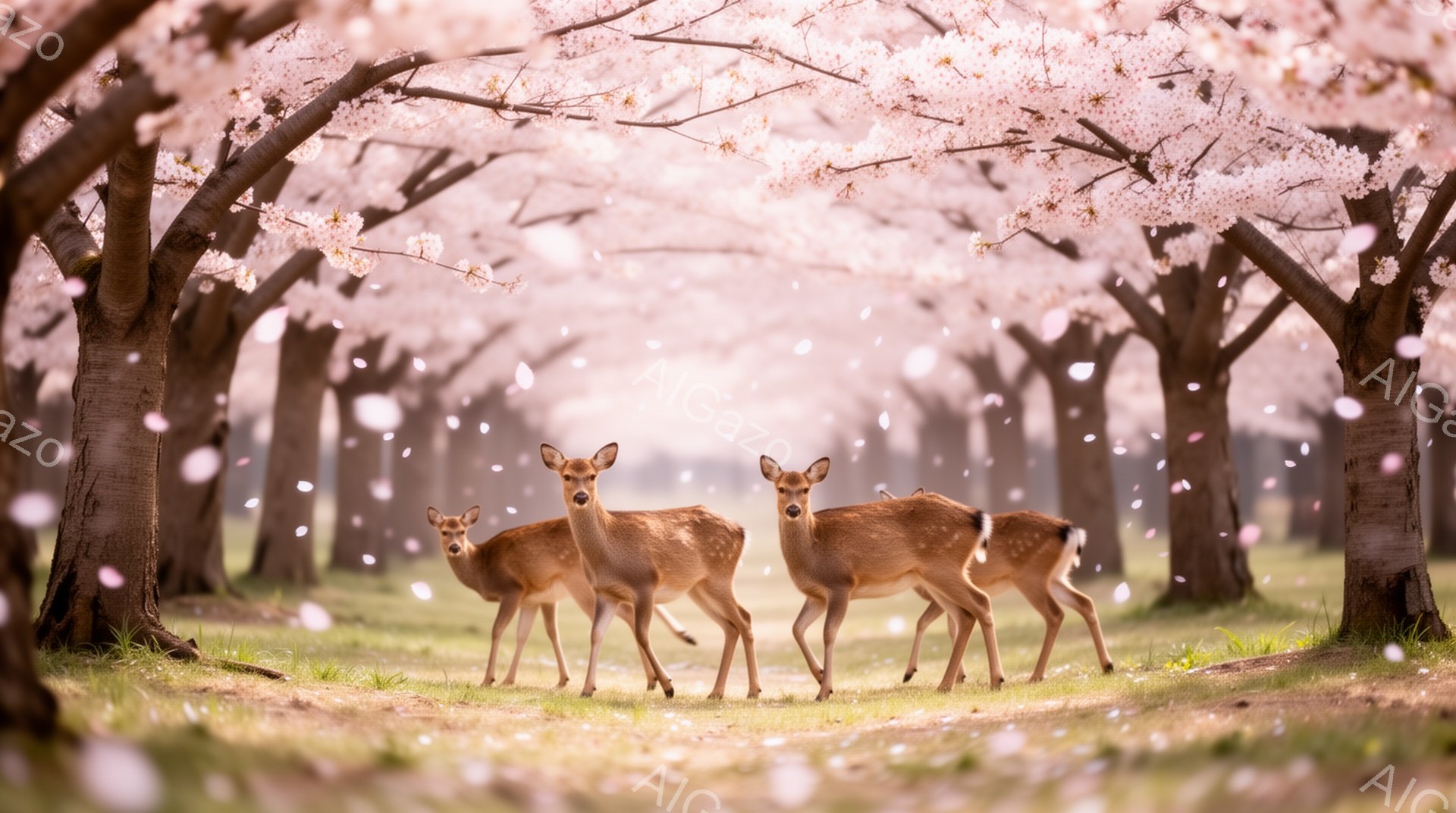 桜並木の道を、親子鹿が歩いている様子が捉えられています。桜の花びらが舞い散り、柔らかく幻想的な雰囲気を醸し出しています。春の訪れを感じさせる美しい情景です。