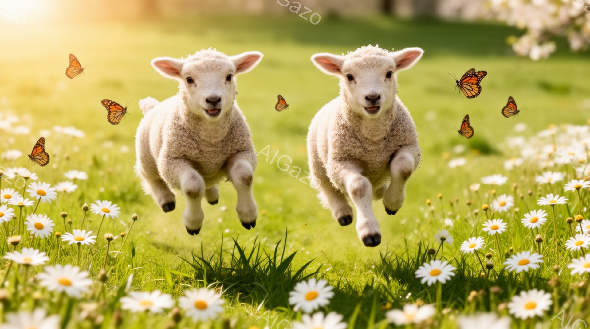 広々とした緑の草原で、二匹の可愛い子羊が駆け抜けています。周りには白い花が咲き乱れ、オレンジ色の蝶が舞っており、春の暖かく穏やかな雰囲気が伝わってきます。子羊たちは楽しそうに走り回り、生命力に満ち溢れ - AI生成フリー素材