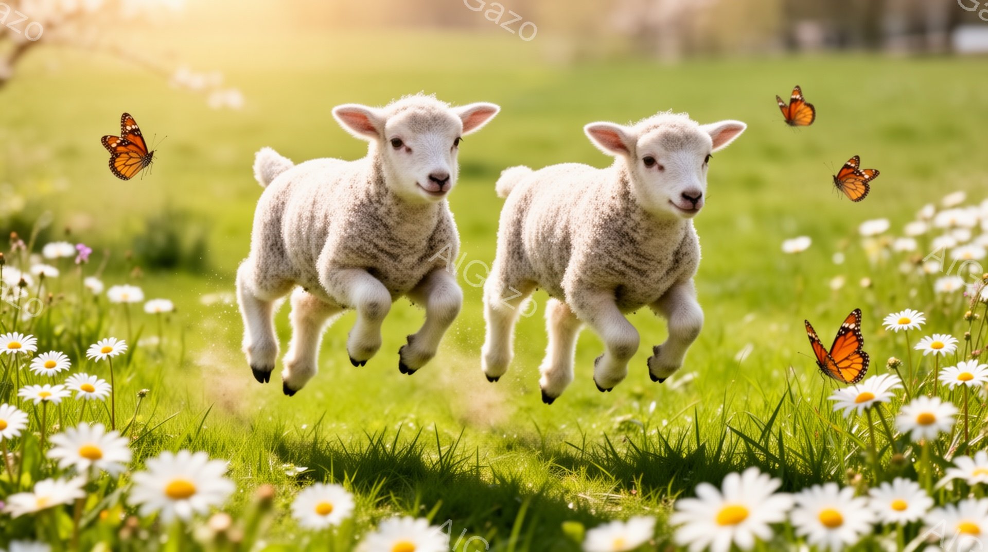 緑の草原で子羊が二匹、元気に飛び跳ねています。周囲には白いデイジーの花が咲き乱れ、蝶が舞っています。柔らかい光が差し込み、暖かく穏やかな雰囲気です。 - AI生成フリー素材