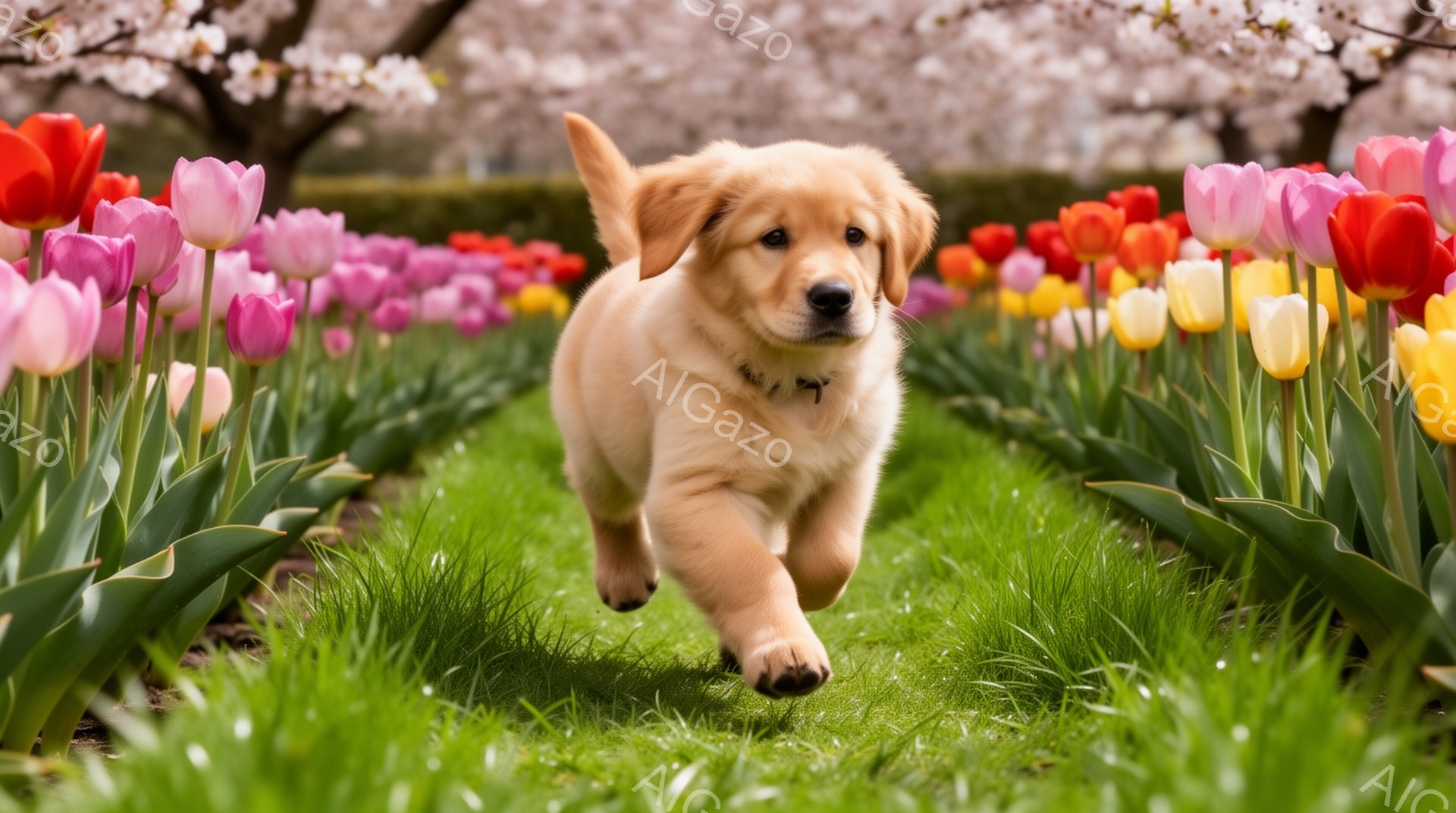 鮮やかなチューリップ畑を、ゴールデンレトリバーの子犬が駆けている。緑の草の上を元気に走り、春の暖かさと生命力を感じさせる。背景には桜の木が見え、春の風景が広がっている。 - AI生成フリー素材