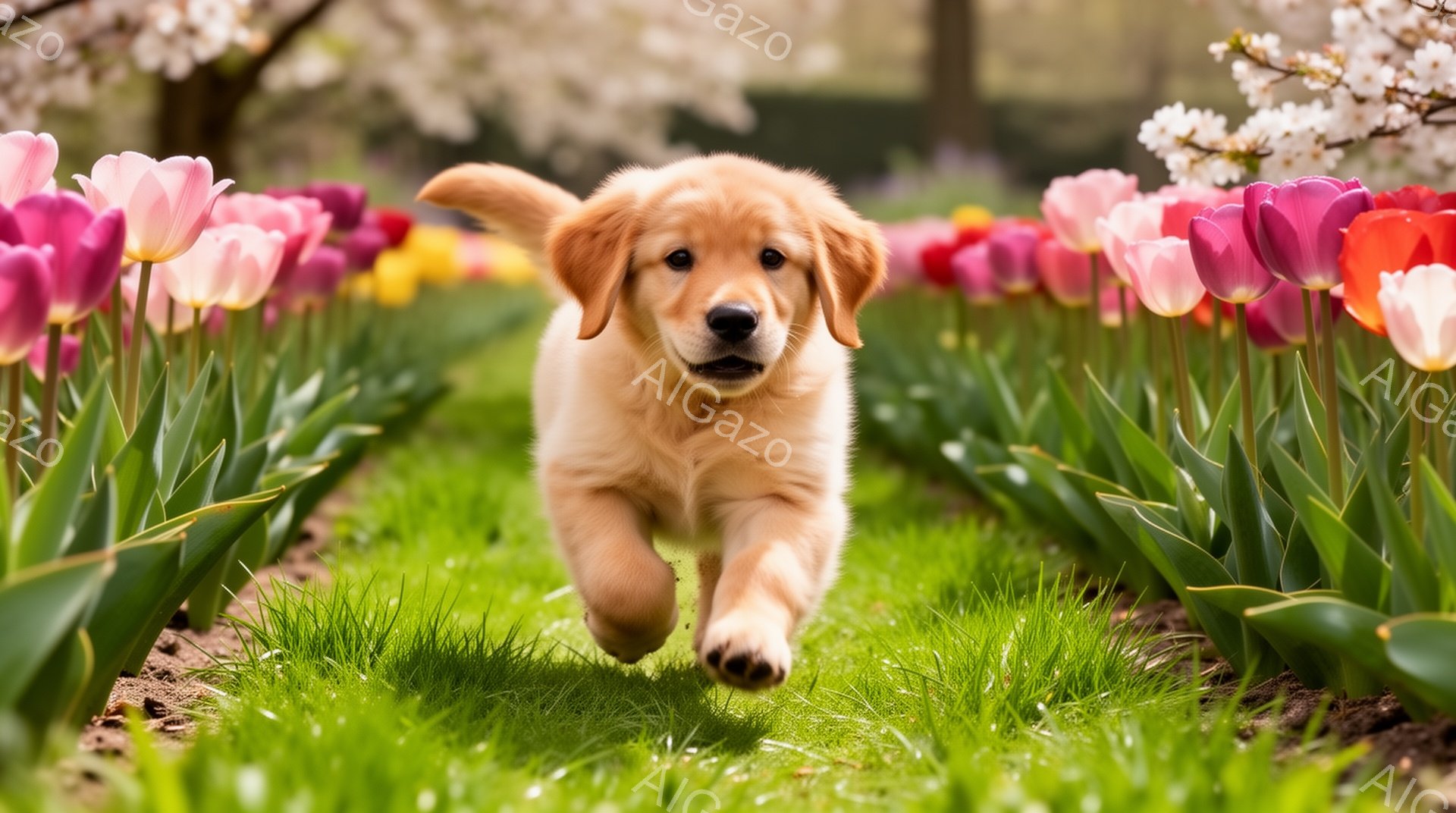 広大なチューリップ畑を元気いっぱいに駆け抜けるゴールデンレトリバーの子犬です。緑の芝生とカラフルな花々が、春の暖かい日差しの中で一層鮮やかに映えています。子犬の表情は楽しそうで、見ている人も幸せな気持 - AI生成フリー素材