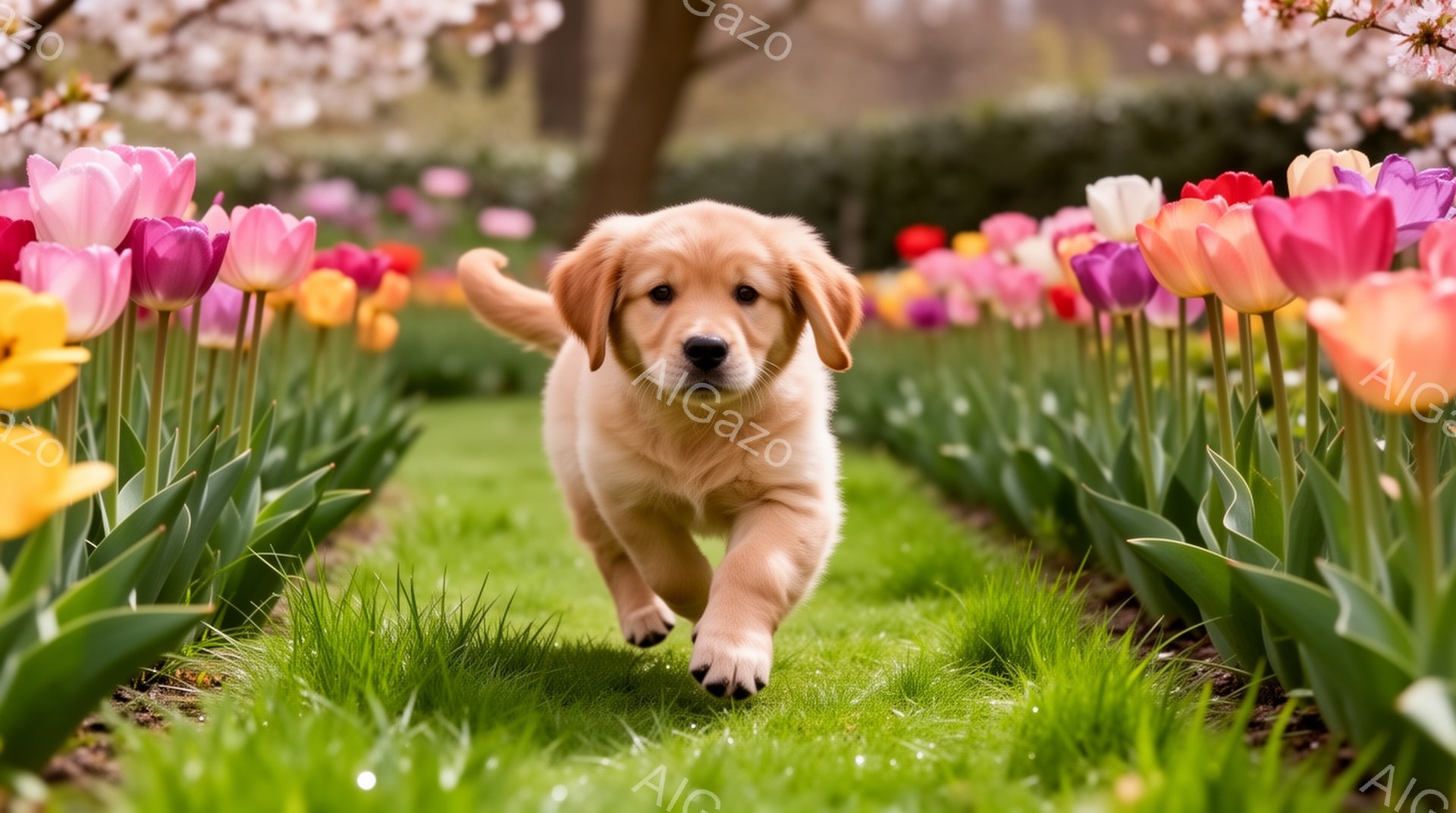 明るい緑の芝生の上を、ゴールデンレトリバーの子犬が元気に走っている。周囲には色とりどりのチューリップが咲き乱れ、春の暖かな日差しが降り注いでいる。子犬の表情は楽しそうで、背景の桜も相まって、幸福感に満 - AI生成フリー素材