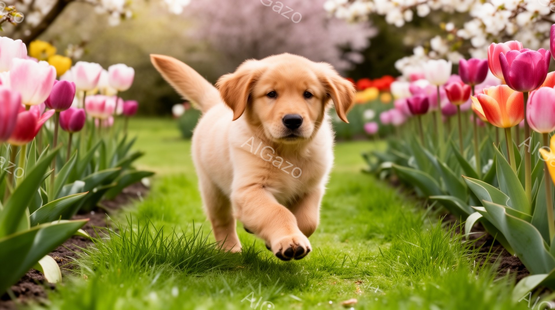 鮮やかなチューリップ畑の中を、子犬が駆け抜けている。柔らかい毛並みと、活発に走る姿が可愛らしく、春らしい暖かな雰囲気が漂っている。緑の草とカラフルな花々が、子犬の明るい動きと調和している。 - AI生成フリー素材